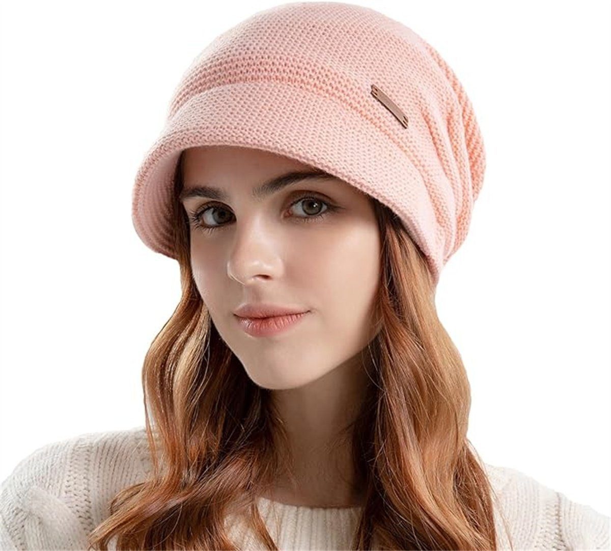 feinlux Beanie Mütze-und-Schal-Set für Damen, Woll-Wintermütze (Packung, Warme, lockere Strickmütze mit Schirm (1 Stück) Warme Strickmütze für Damen (56–60 cm)
