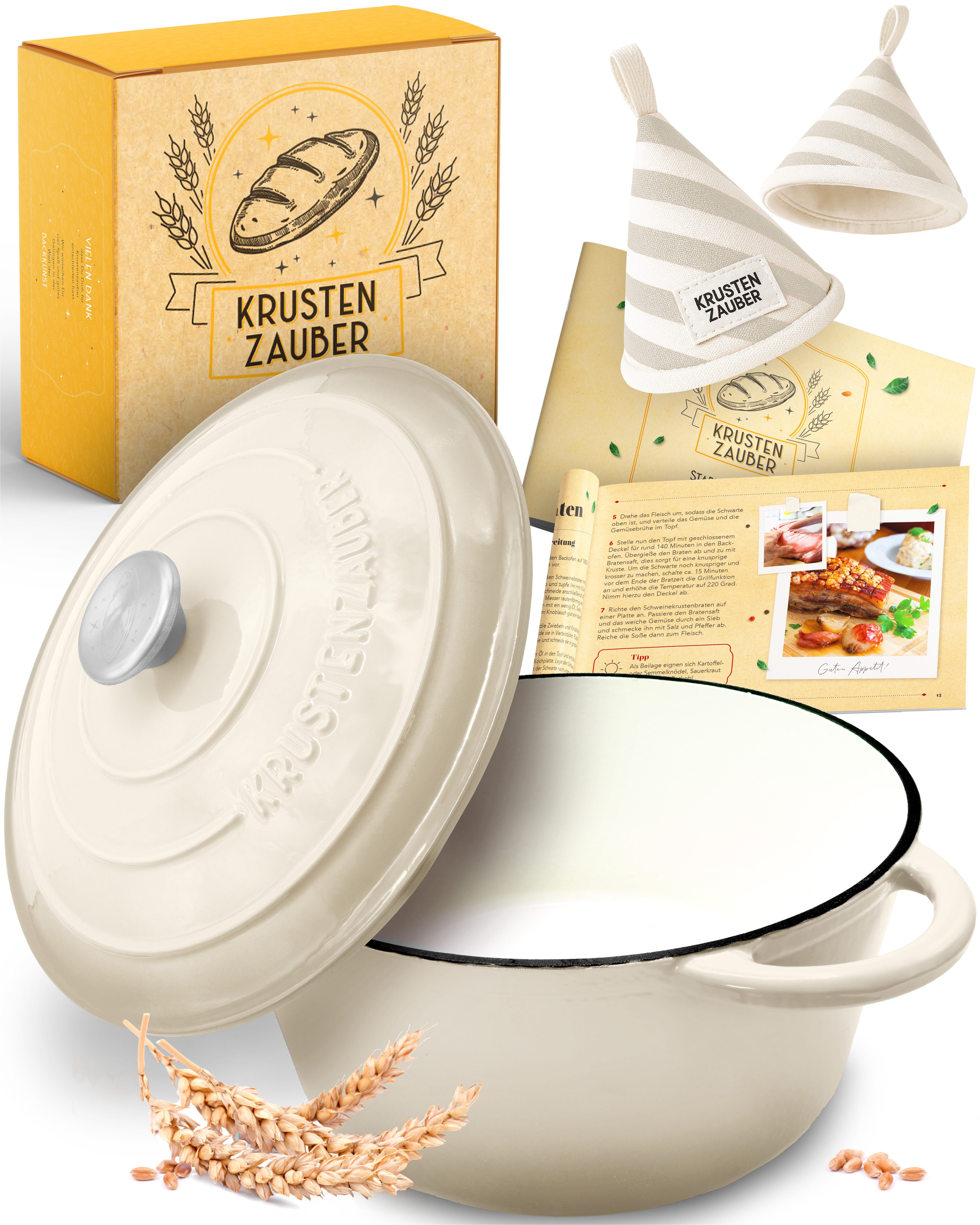 Krustenzauber Kasserolle Gusseisen Topf als Kochtopf, Schmortopf oder Brotbackform