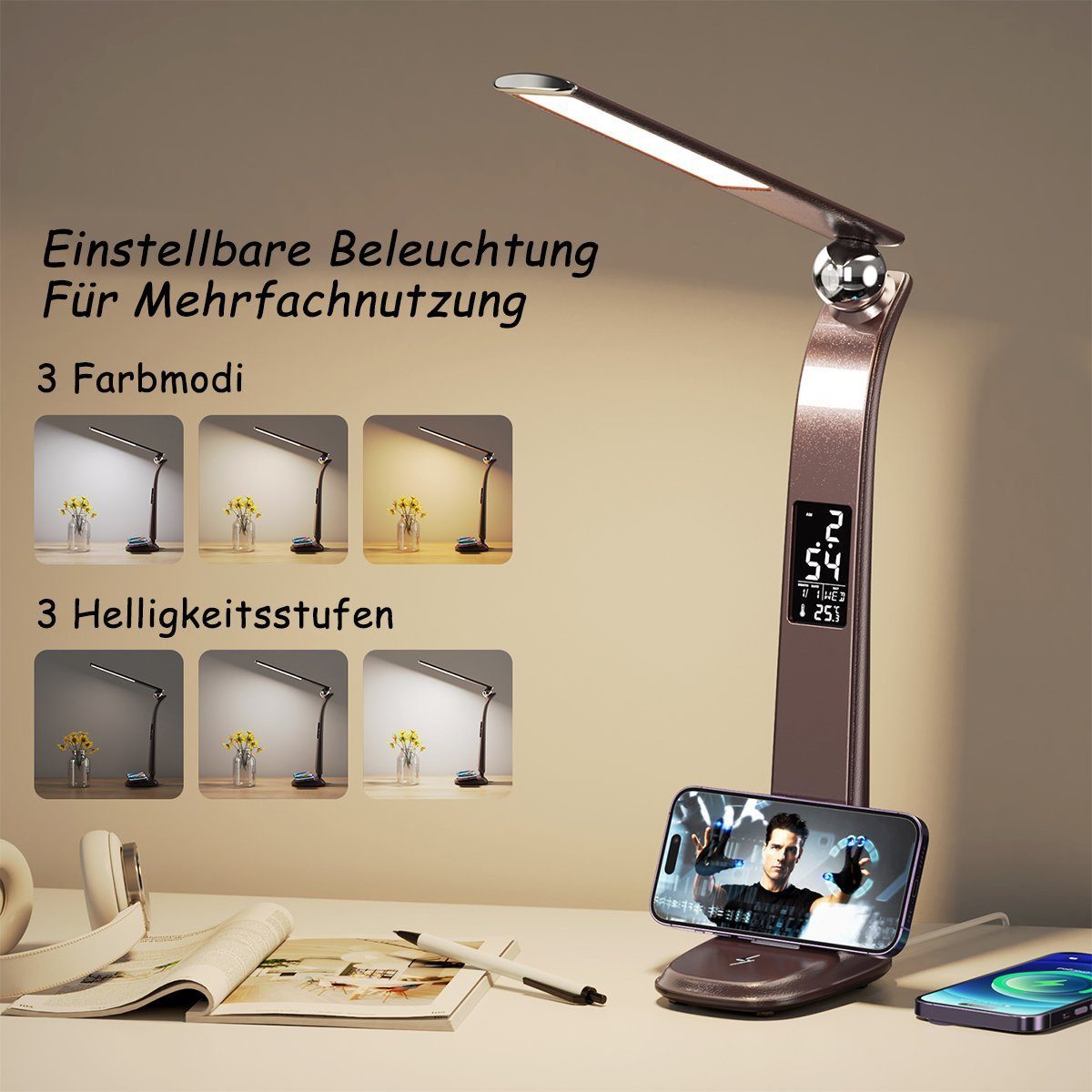 feinlux 3-in-1-Leuchte mit kabelloser Ladestation für Mobiltelefone Ladestation (Packung, LED-Lampe Induktions-Ladegerät, 3 Farbtemperaturen, 3 Helligkeitsstufen, kabellose Qi-Ladestation)