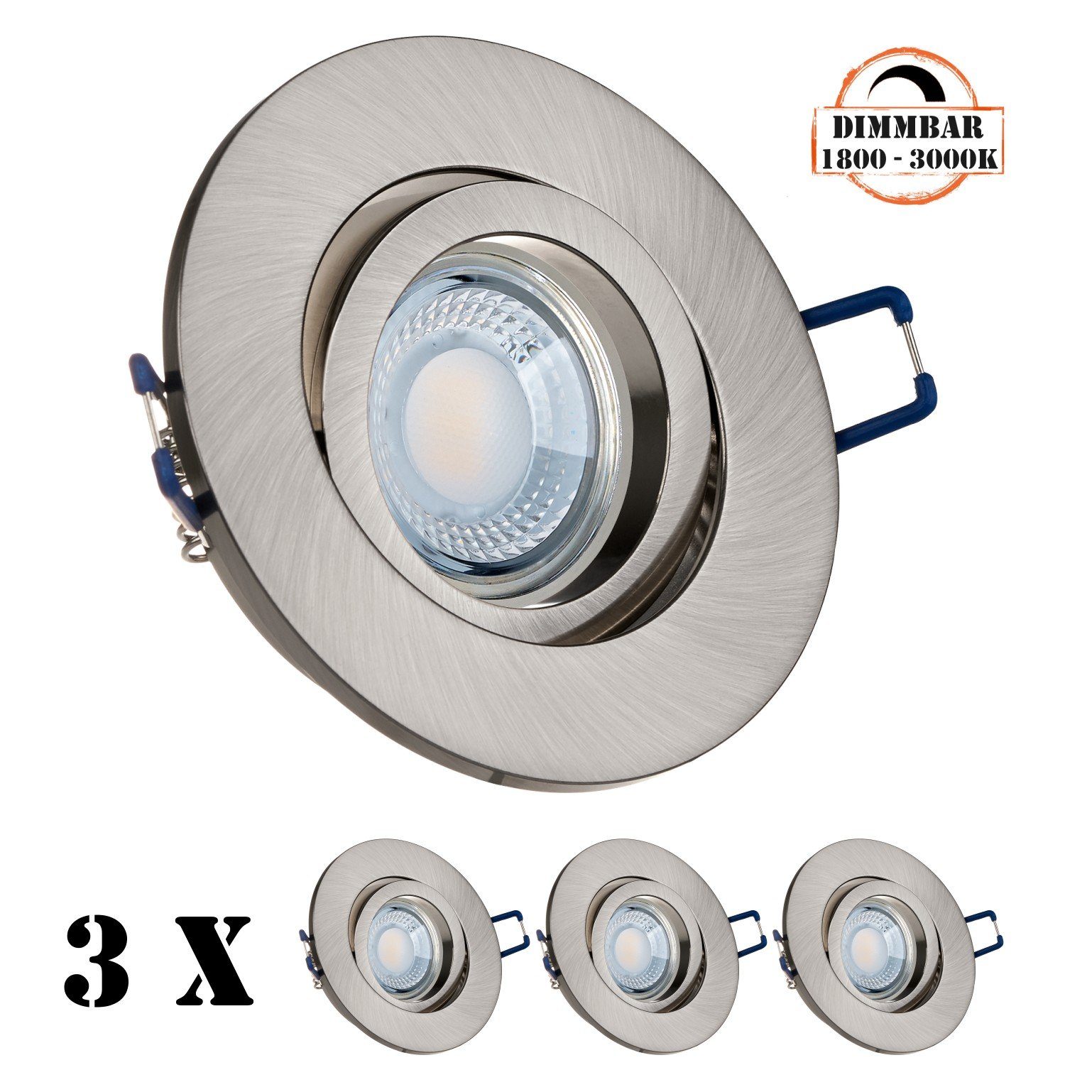 LEDANDO LED Einbaustrahler 3er LED Einbaustrahler Set extra flach in edelstahl / silber gebürstet