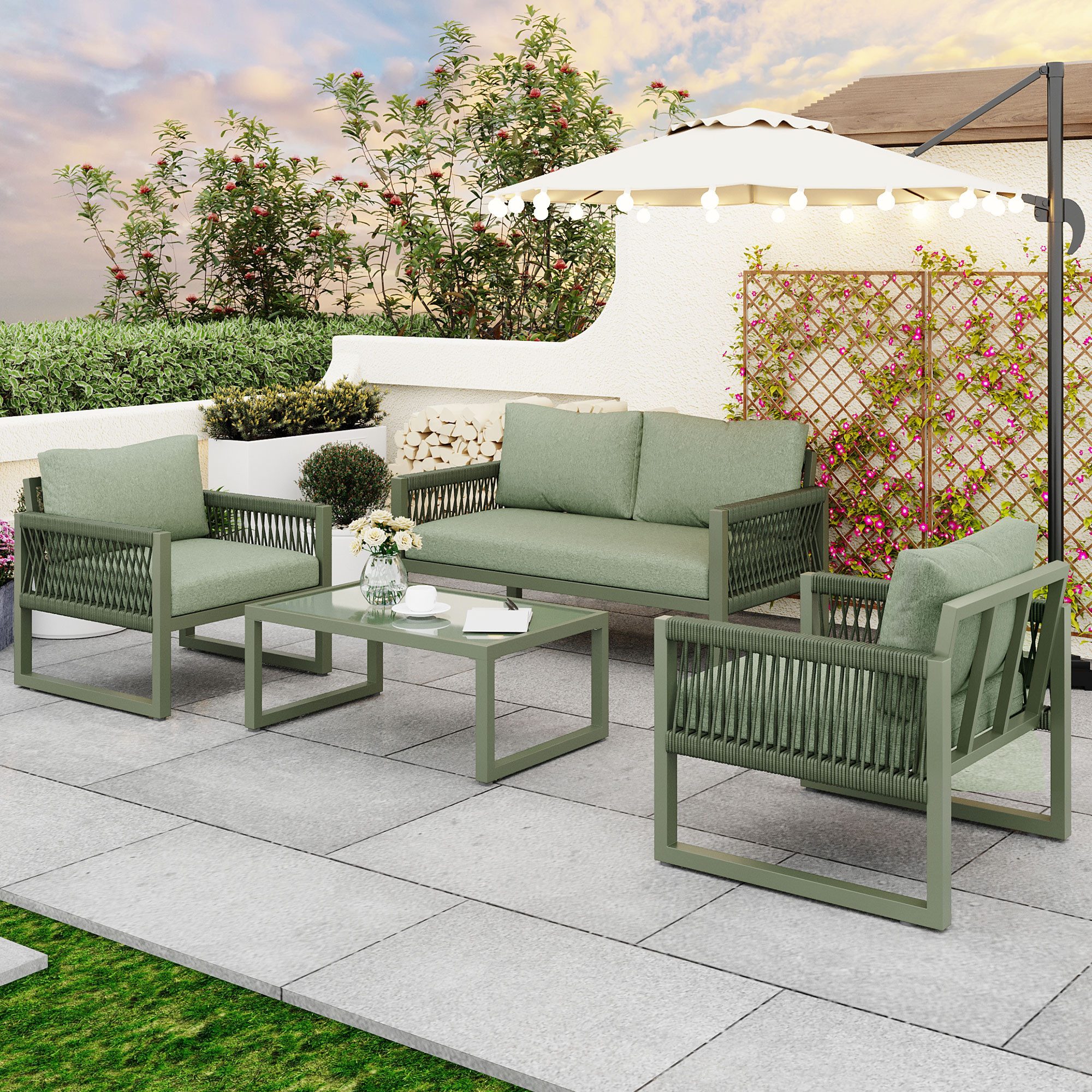 Flieks Gartenlounge-Set, 4 Sitzer Gartenmöbel Sitzgruppe Balkonset aus Eisen und Seil