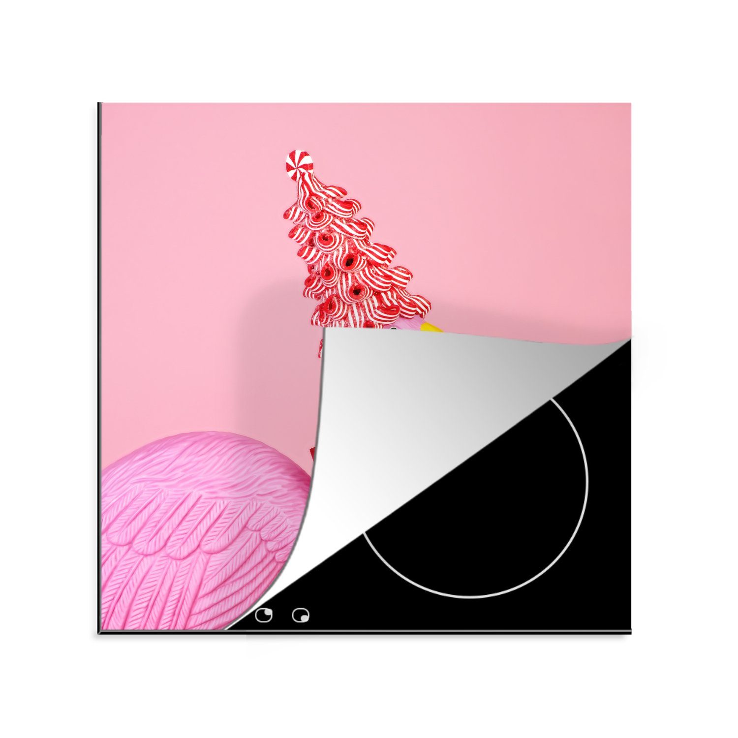 MuchoWow Herdblende-/Abdeckplatte Rosa Plastikflamingo mit Süßigkeiten auf dem Kopf, Vinyl, (1 tlg), 78x78 cm, Ceranfeldabdeckung, Arbeitsplatte für küche