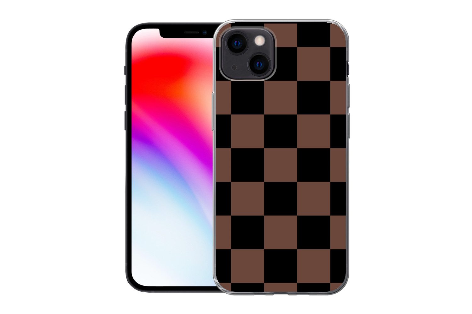 MuchoWow Handyhülle für Apple iPhone 13 Schachbrettmuster - Braun - Schwarz - Blöcke, Smartphone-Bumper, Print, Handy Schutzhülle Dünn