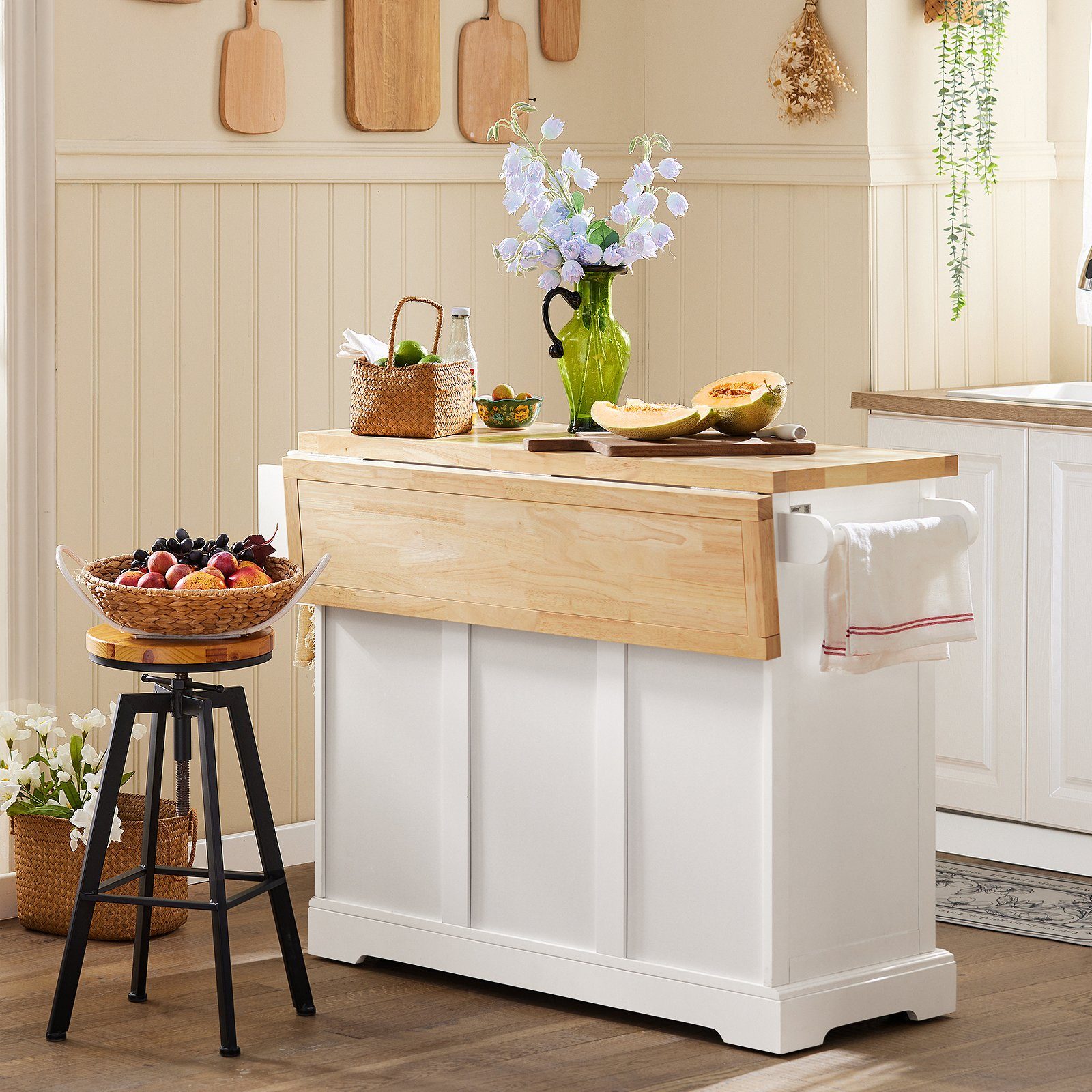 SoBuy Küchenwagen Küchenschrank weiß-natur mit Arbeitsfläche erweiterbarer Kücheninsel Sideboard FKW41