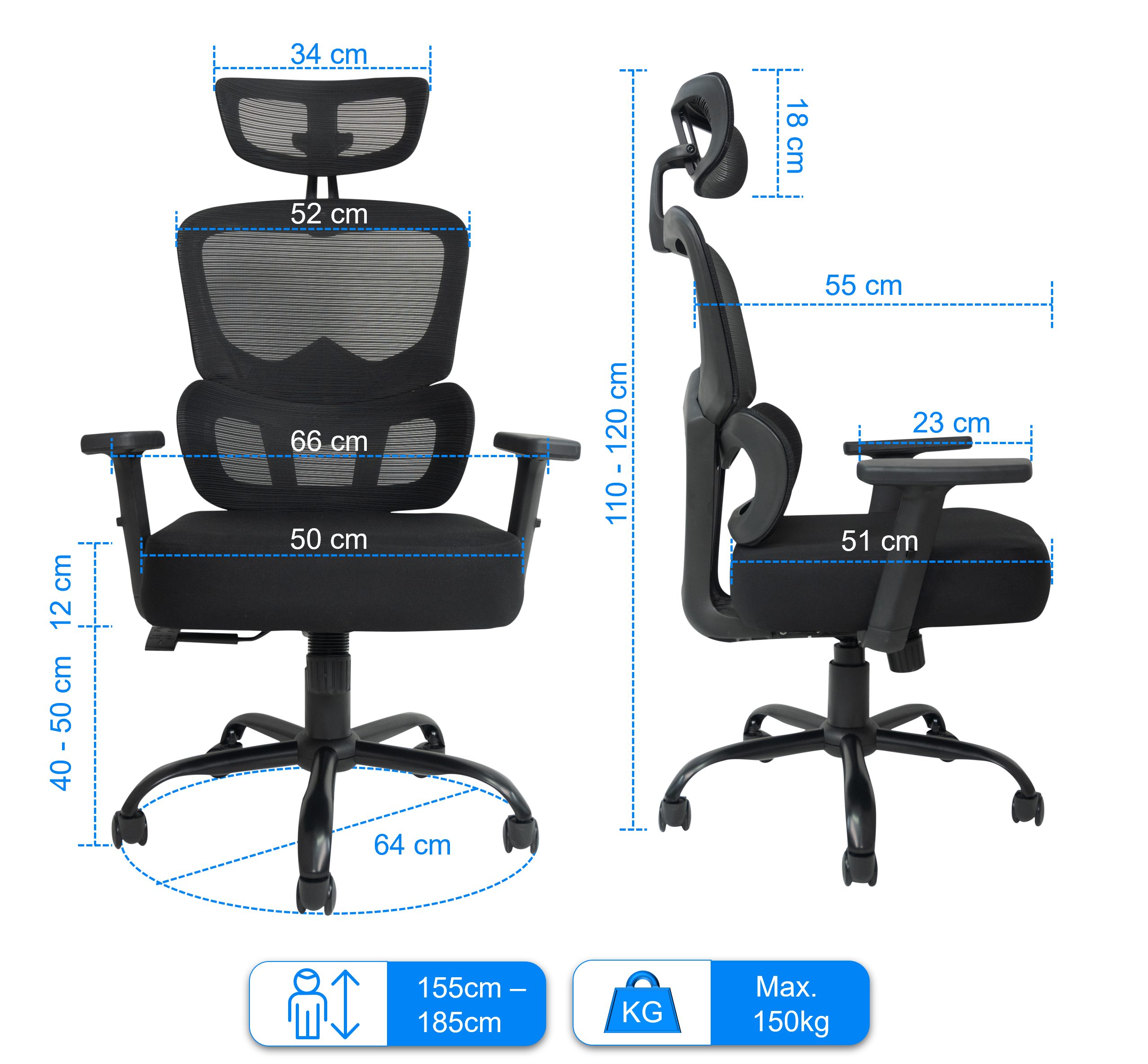 TITANO Bürostuhl DIRECTOR (Ergonomischer Bürostuhl - Schreibtischstuhl mit verstellbarer Höhe, Kopfstütze und Armlehnen. Drehstuhl mit Wippfunktion, Lendenwirbelstütze, 12cm Memory Foam, 150kg Belastbar)