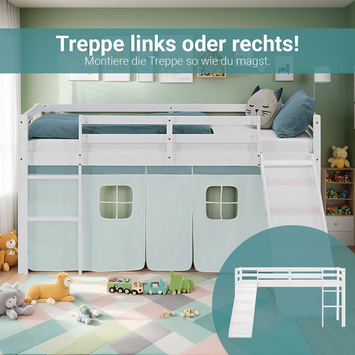 Homestyle4u Hochbett 90x200 Stockbett Vorhang Kinderbett günstig online kaufen