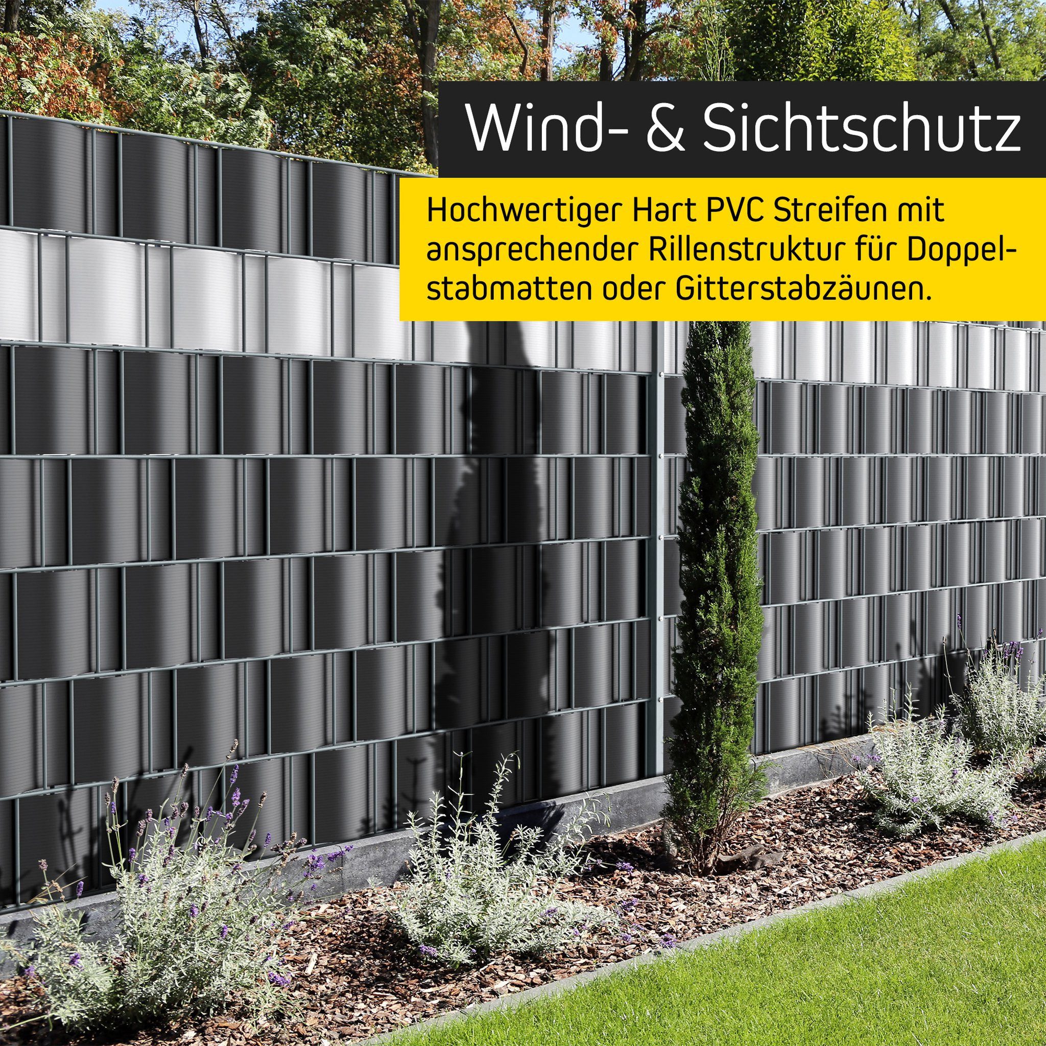 paramondo Sichtschutzstreifen PVC Sichtschutzstreifen Hart, 19 cm x 2,525 m, grau, 10 Stück, (Set, 10-St., 10 Stück), langlebig, witterungsbeständig, blickdicht, kürzbar