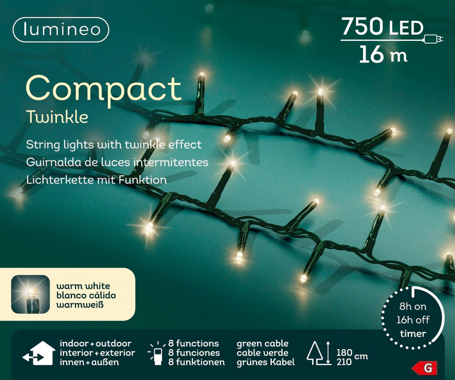 Lumineo LED-Lichterkette Lumineo Lichterkette COMPACT TWINKLE 750 LED 16 m warm weiß, grün, Indoor/Outdoor, 8 Funktionen, 8h-Timer, + 5 Meter