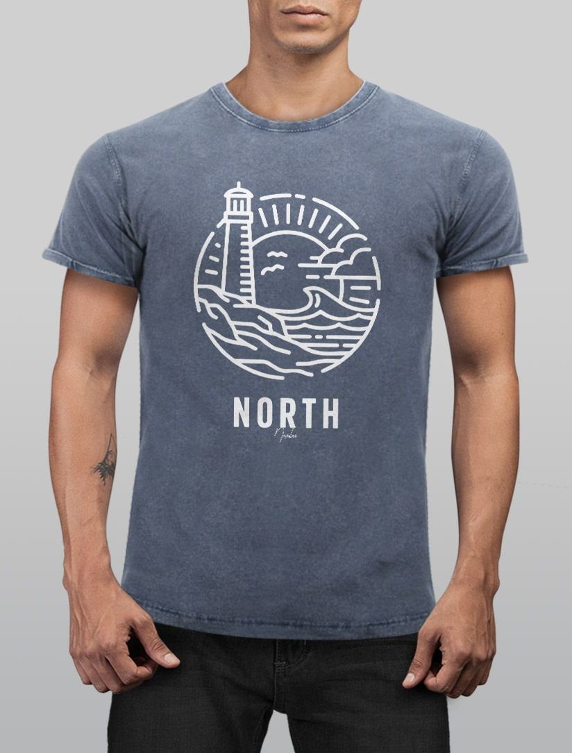 T-Shirt Art Herren Vintage Printshirt Outline mit Slim Fit Used Look Print Shirt Neverless Neverless® blau Print-Shirt Logo Leuchtturm Welle maritim