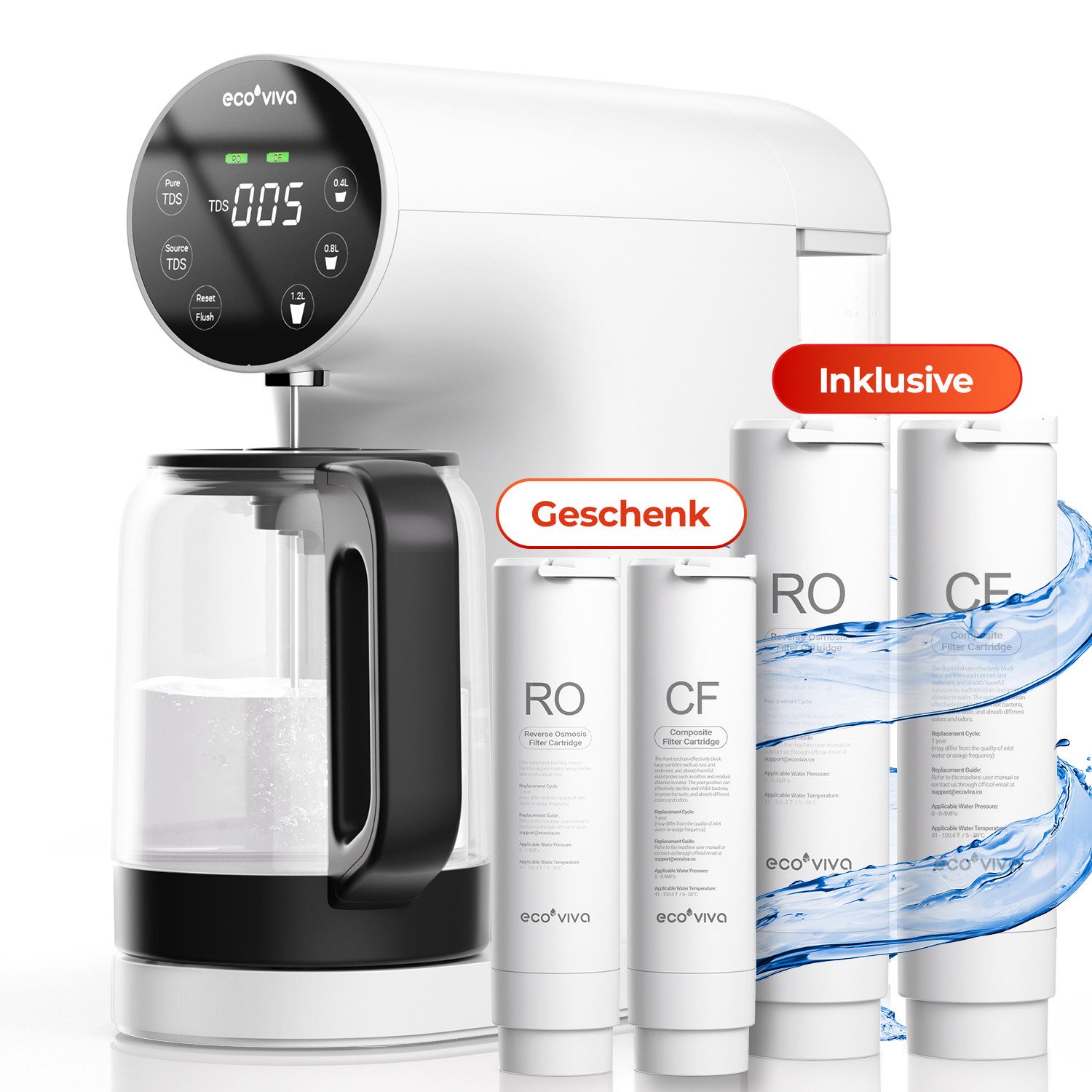 Ecoviva Wasserfilter WP-RO-200G Auftisch Osmoseanlage für Trinkwasser, 4-stufige RO-Filtration, 3:1 Rein zu Abfluss, TDS-Anzeige