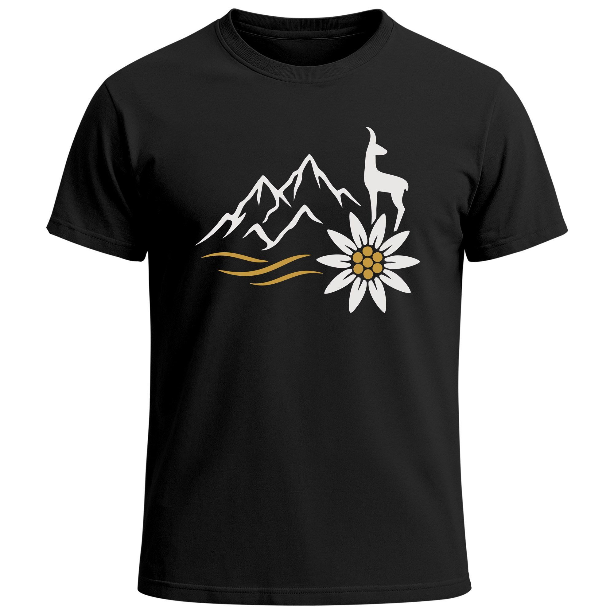 Print-Shirt Herren T-Shirt für das Oktoberfest Alpen Motiv mit Edelweiß & Gams