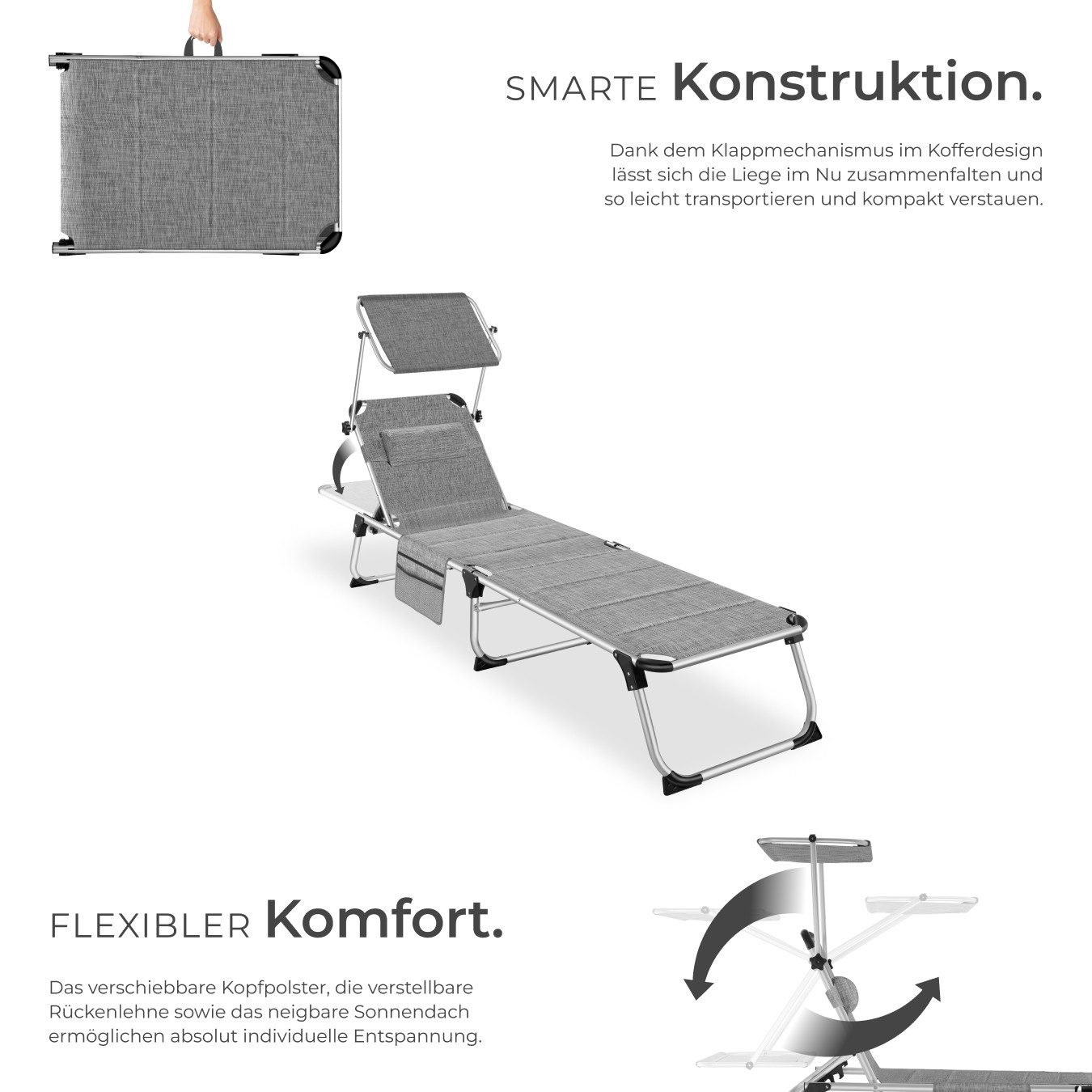 tectake Gartenliege klappbare Aluminium Sonnenliege, 220 x 60,5 x 34 cm, mit, Balkonliege Lorella, 1 St., für Außen in Grau meliert, gepolstert, wetterfest und UV-beständig, verstellbar mit Kopfpolster
