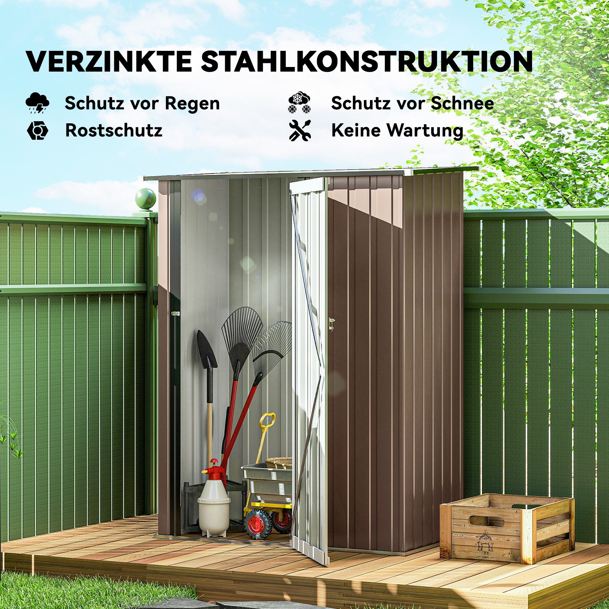 Outsunny Gerätehaus Metall Geräteschuppen mit Pultdach Gartenhaus braun, BxT: 142x86 cm, (Geräteschuppen, 1 St., wetterfest Gartenhaus), für Hinterhof Außenbere – Bild 4 von 5
