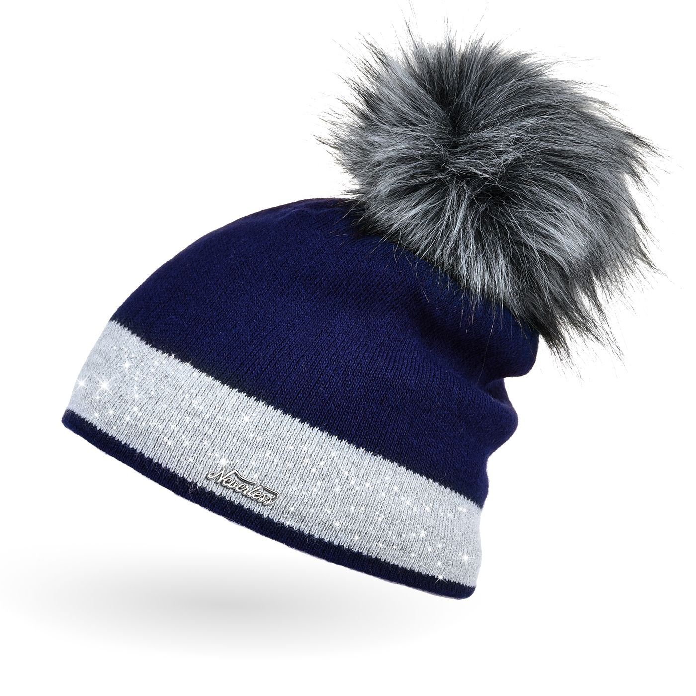 Neverless Bommelmütze Damen Strick-Mütze gefüttert Fell-Bommel Kunstfell Winter-Mütze