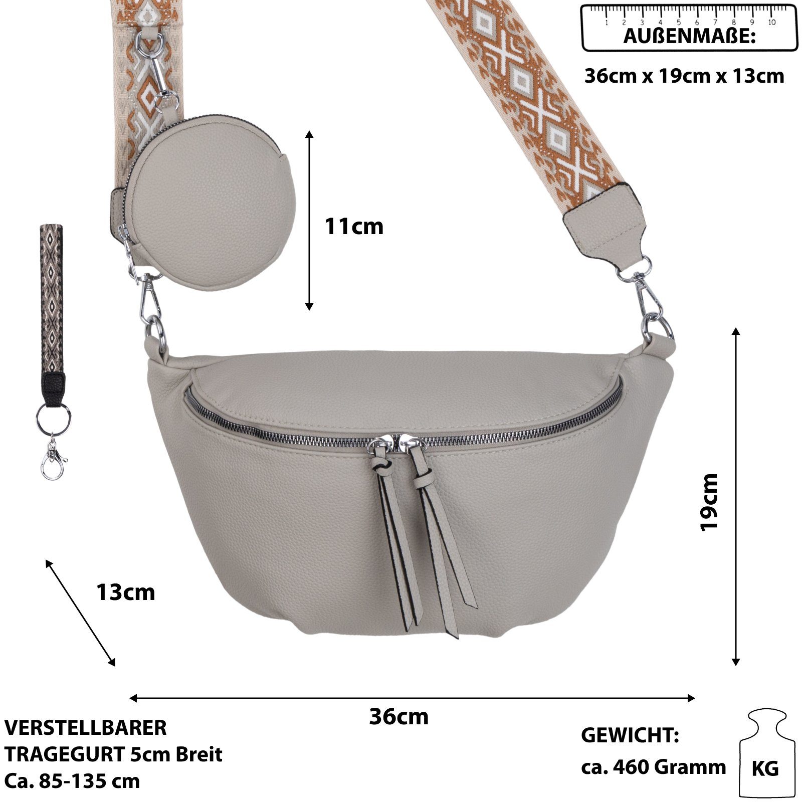 Kunstleder Hüfttasche EAAKIE Umhängetasche L.GREY Italy-D, Schultertasche, Gürteltasche als CrossOver, Crossbody-Bag Bauchtasche tragbar Umhängetasche