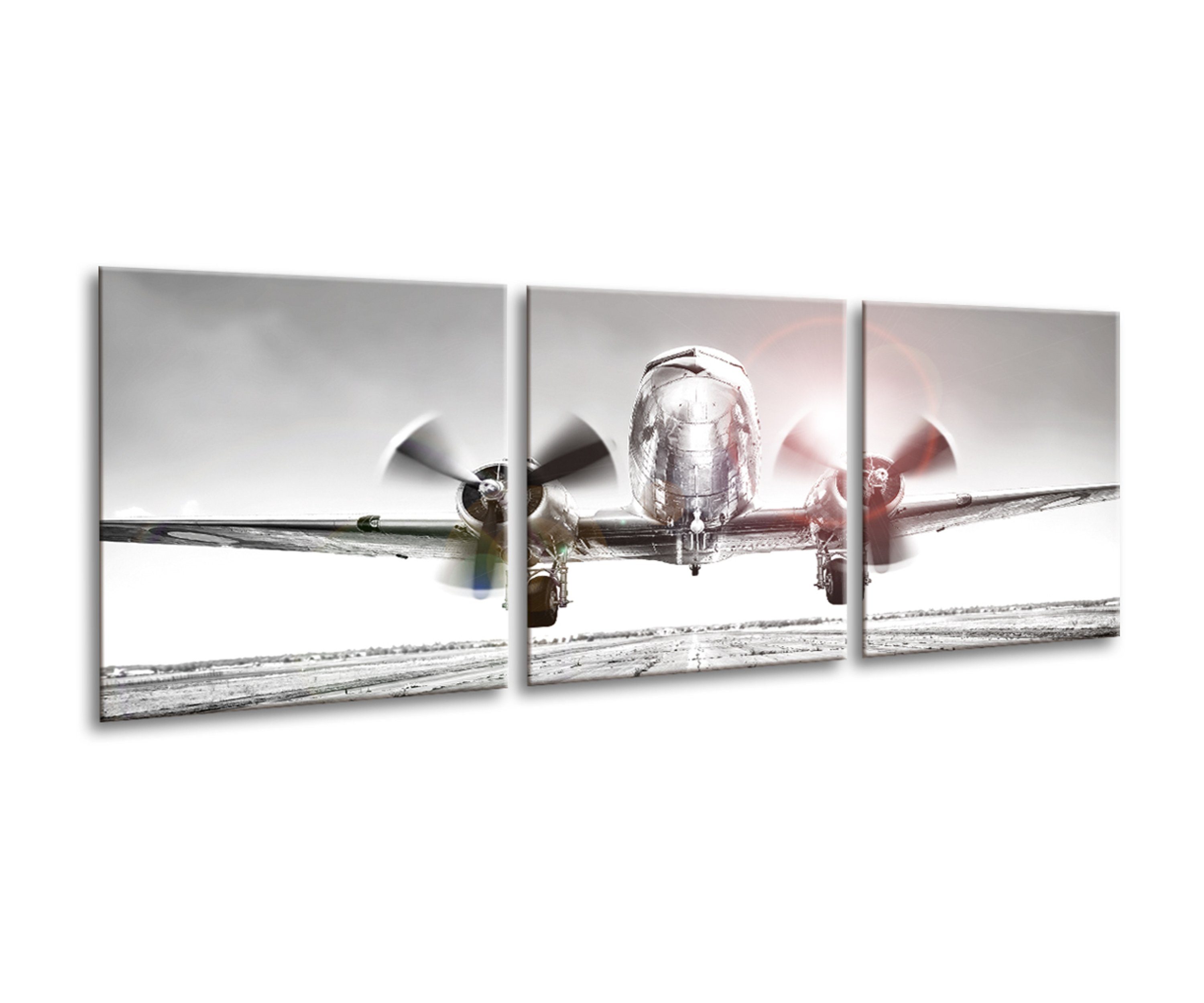 artissimo Glasbild großes XXL Bild aus Glas 3x 50x50 cm / 3-teiliges Bilder Set modern, Flugzeug: Fotografie in schwarz-weiß