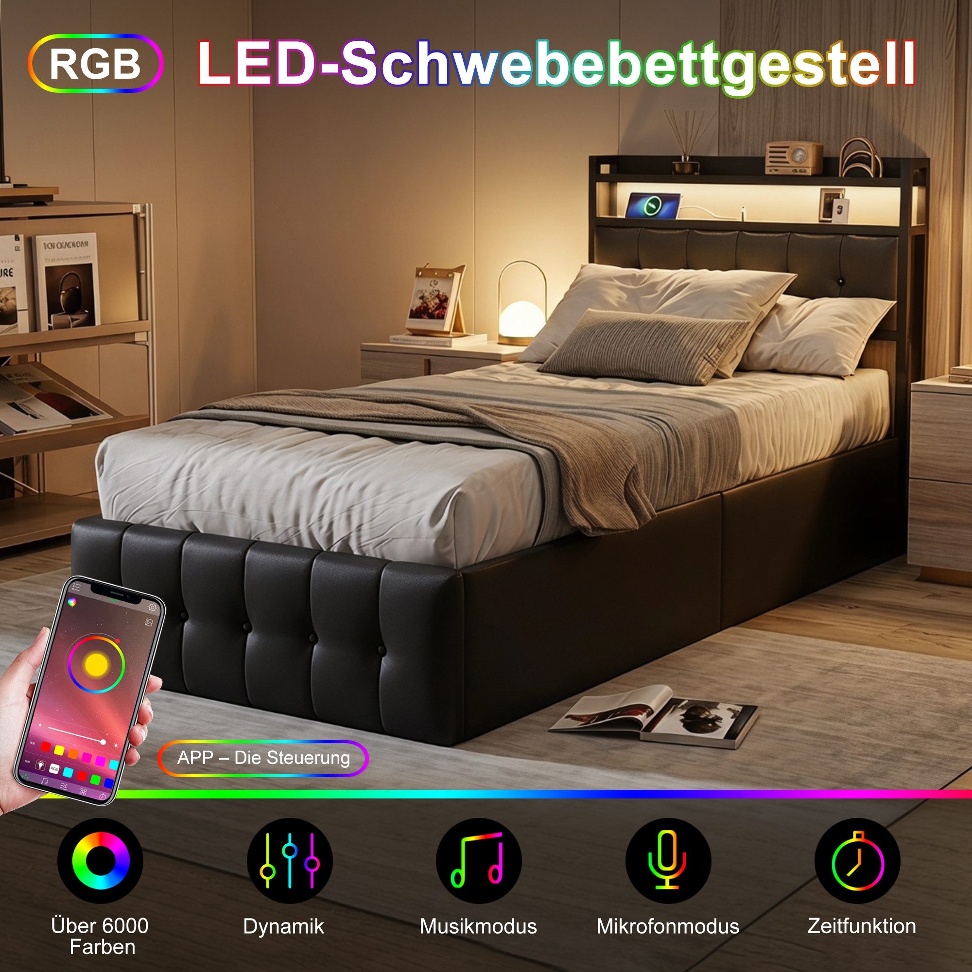Gdood Polsterbett Stauraumbett Doppelbett LED (1 tlg., Hydraulisch hebbarem Stauraum), Mit LED-Licht, Nachttisch, Ladefunktion, Lattenrost, Leinen, 90x200 cm