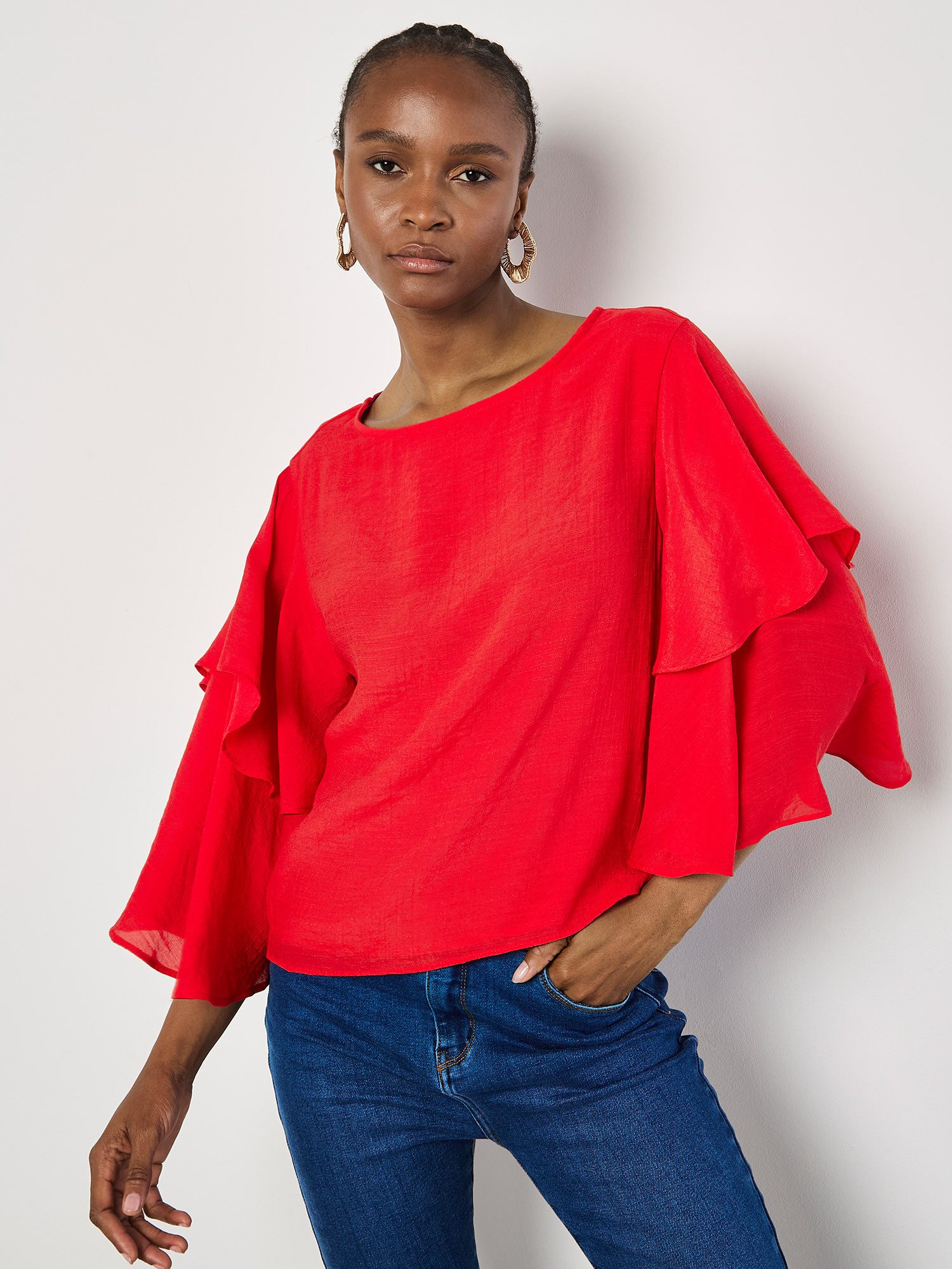Apricot Blusenshirt Chiffonblusentop mit gerüschten Armen