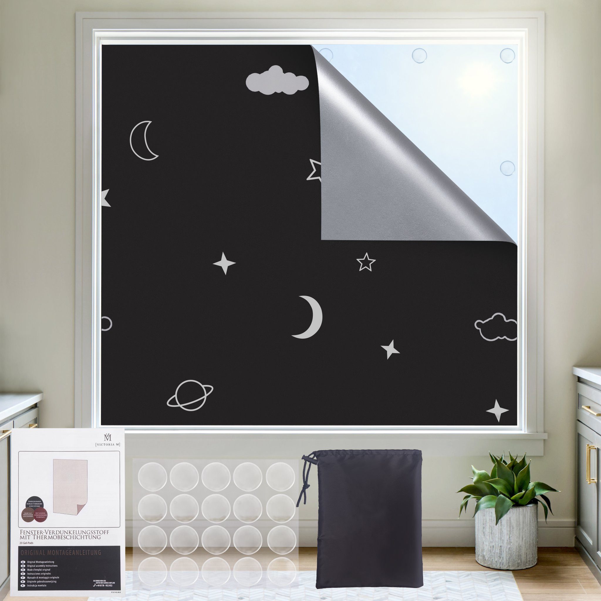 Victoria M. Fensterfolie Fenster-Verdunkelungsstoff Thermobeschichtung 130x200 cm Sterne, verdunkelnd, 100 % Blackout mit Thermobeschichtung, Inkl. 20 Gel-Klebepads