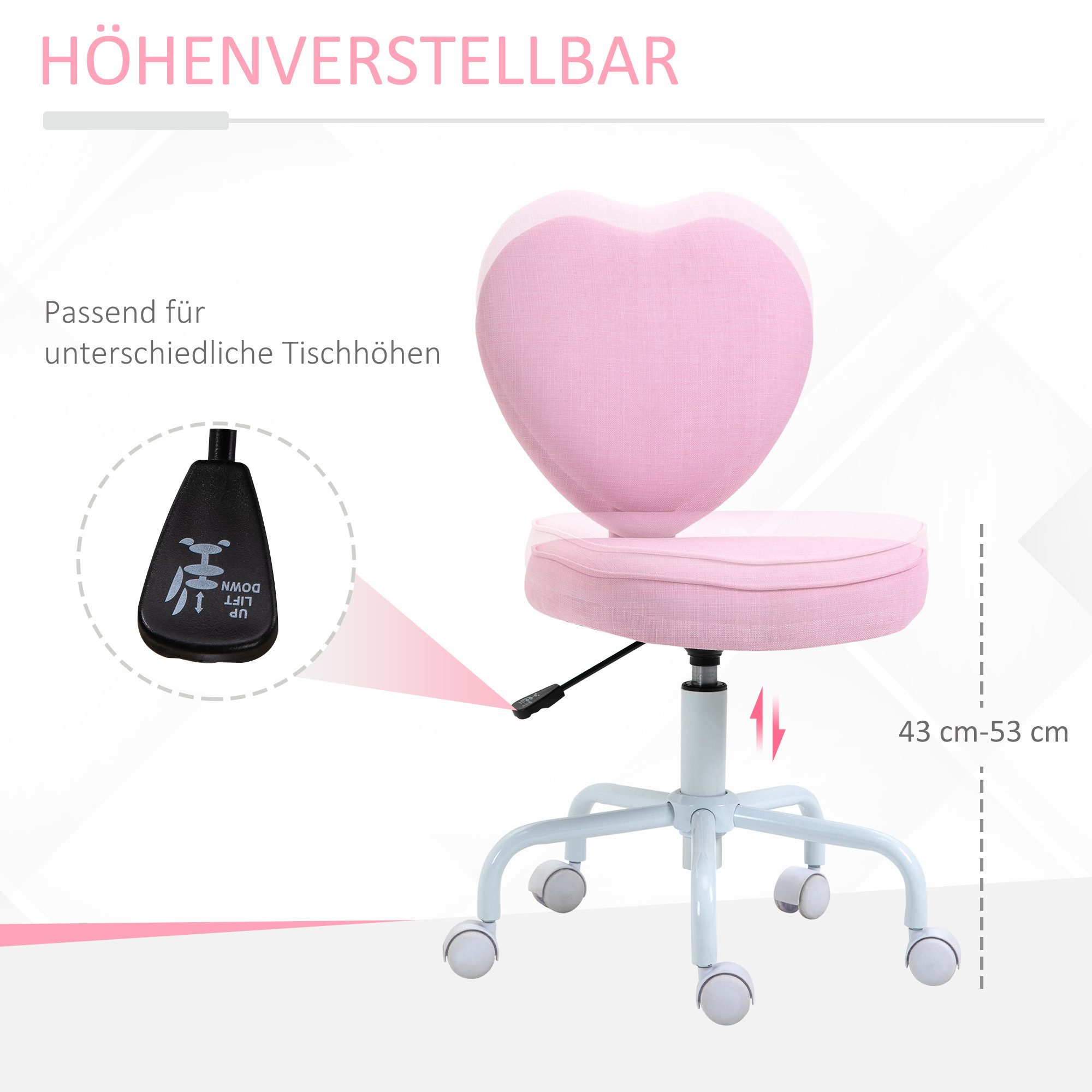 HOMCOM Bürostuhl Chefsessel Drehstuhl Sitzhöhenverstellung niedlich herzförmig (Computerstuhl, 1 St), Rosa Leinenstoff 42 x 50 x 79-89 cm – Bild 4 von 5