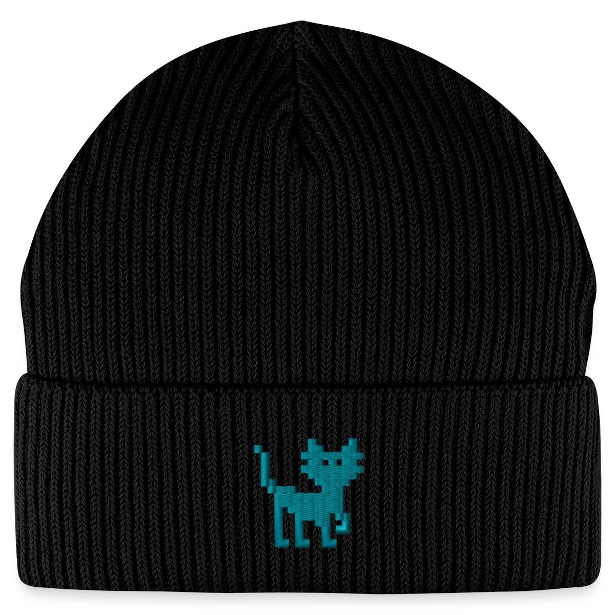Beanie Pixel Katze, Katze Bestickt Fisherman Beanie Bio Mütze