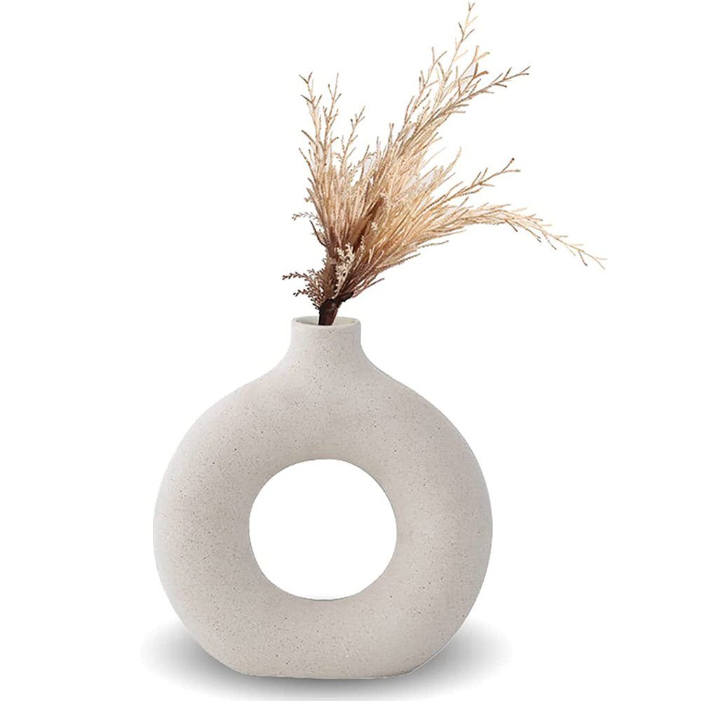 Dekovase Keramik Vase für Pampasgras, Beige Donut Vase Deko Wohnzimmer Runde