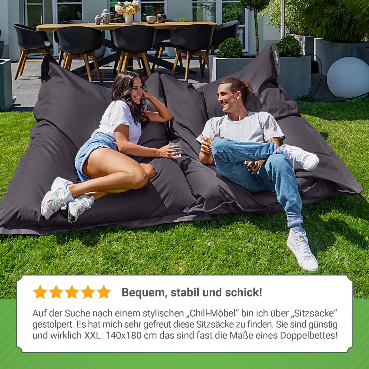 Green Bean Sitzsack XXL Outdoor Sitzsack Square 140x180cm (XXL Riesensitzsack 140x180cm 380 Liter Kinder & Erwachsene Bean Bag EPS Perlen Füllung, Groß Draußen  – Bild 4 von 5