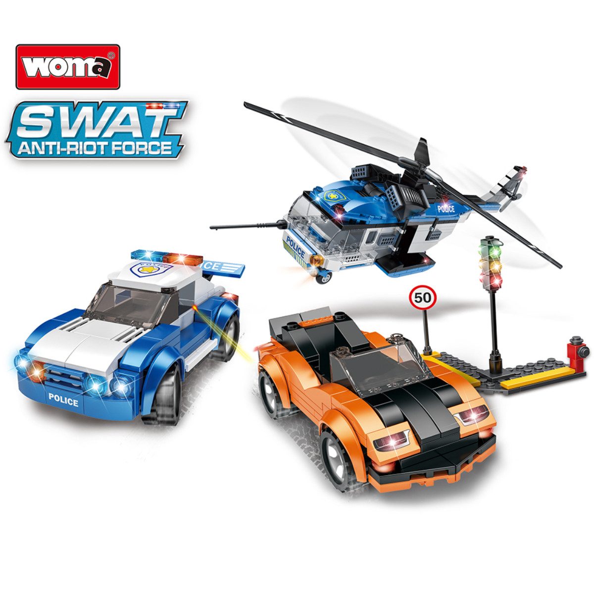 Woma W0606 Spielbausteine, (535 St., Polizei-Spielset mit 3 Fahrzeugmodellen aus 535 Teilen), Polizei-Spielset mit Hubschrauber und zwei Fahrzeugmodellen