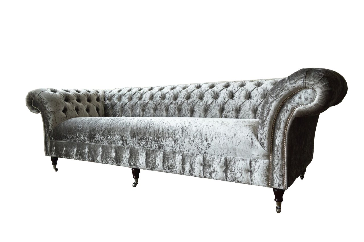 JVmoebel Chesterfield-Sofa HANDGEFERTIGTE 4-SITZER SILBER ZERKNITTERT SAMT STOFF CHESTERFIELD