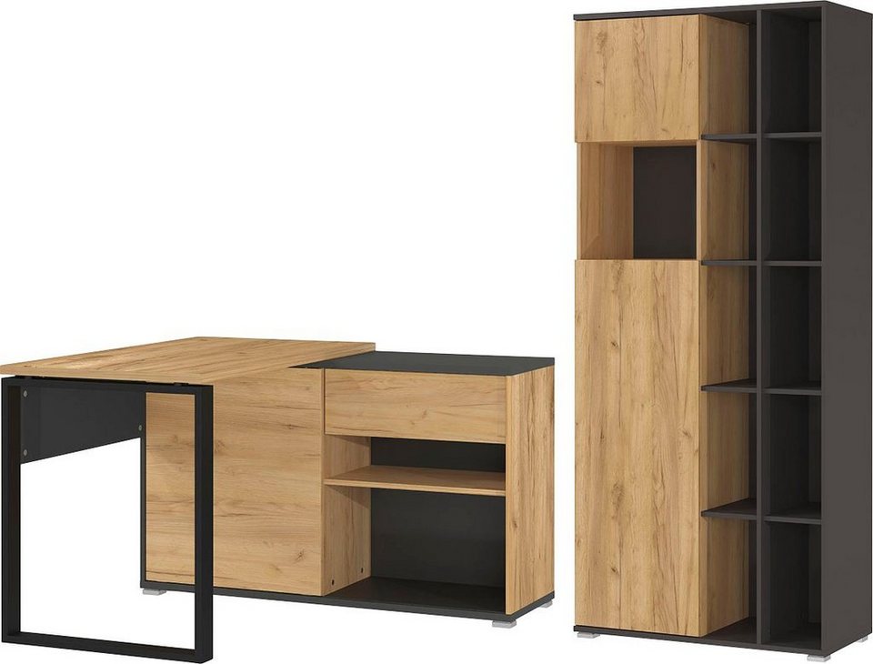 GERMANIA Büromöbel-Set Fintona, inklusive Winkelschreibtisch und  Aktenschrank, Push-to-open Technik für sanftes Öffnen und Schließen