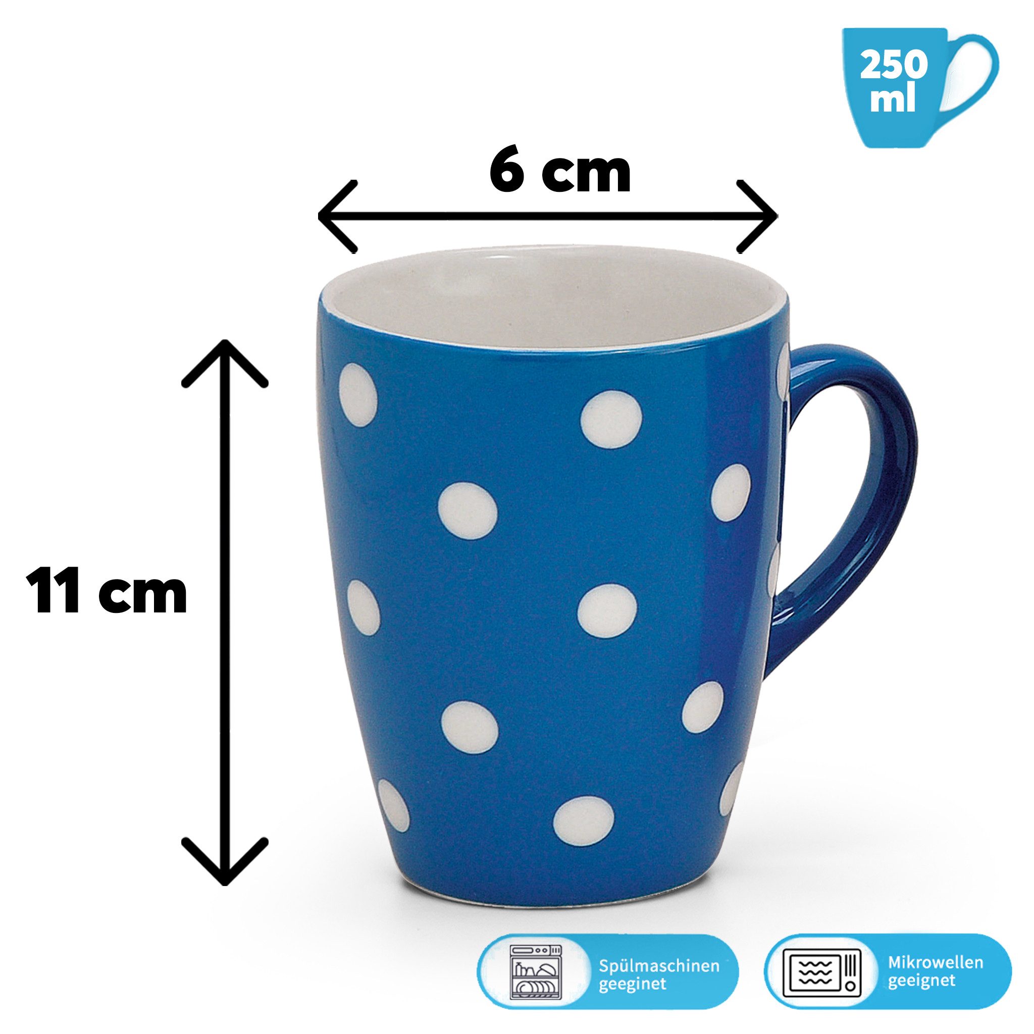 matches21 HOME & HOBBY Tasse Schönes Kaffeetassen 4er Set Keramik 250 ml, einfarbig gepunktet, 4-tlg., Keramik, Klassische Kaffee-Becher in blau rot gelb grün auch aus Teetassen