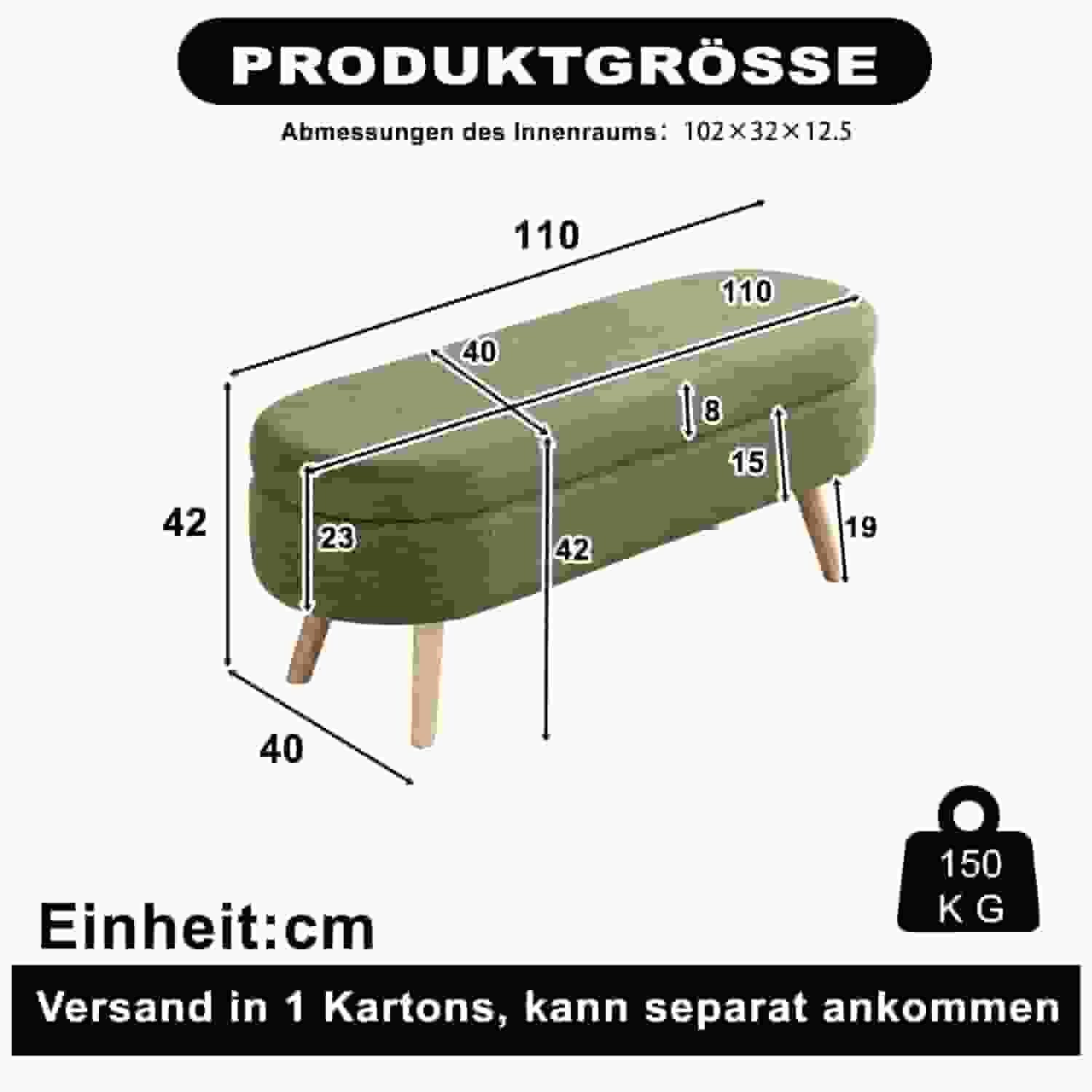 ANYSUN Bettbank Bettbank 110 cm mit Stauraum, gepolsterte Sitzbank., Bis 150 kg belastbar, belüfteter Stauraum & rutschfeste Füße.