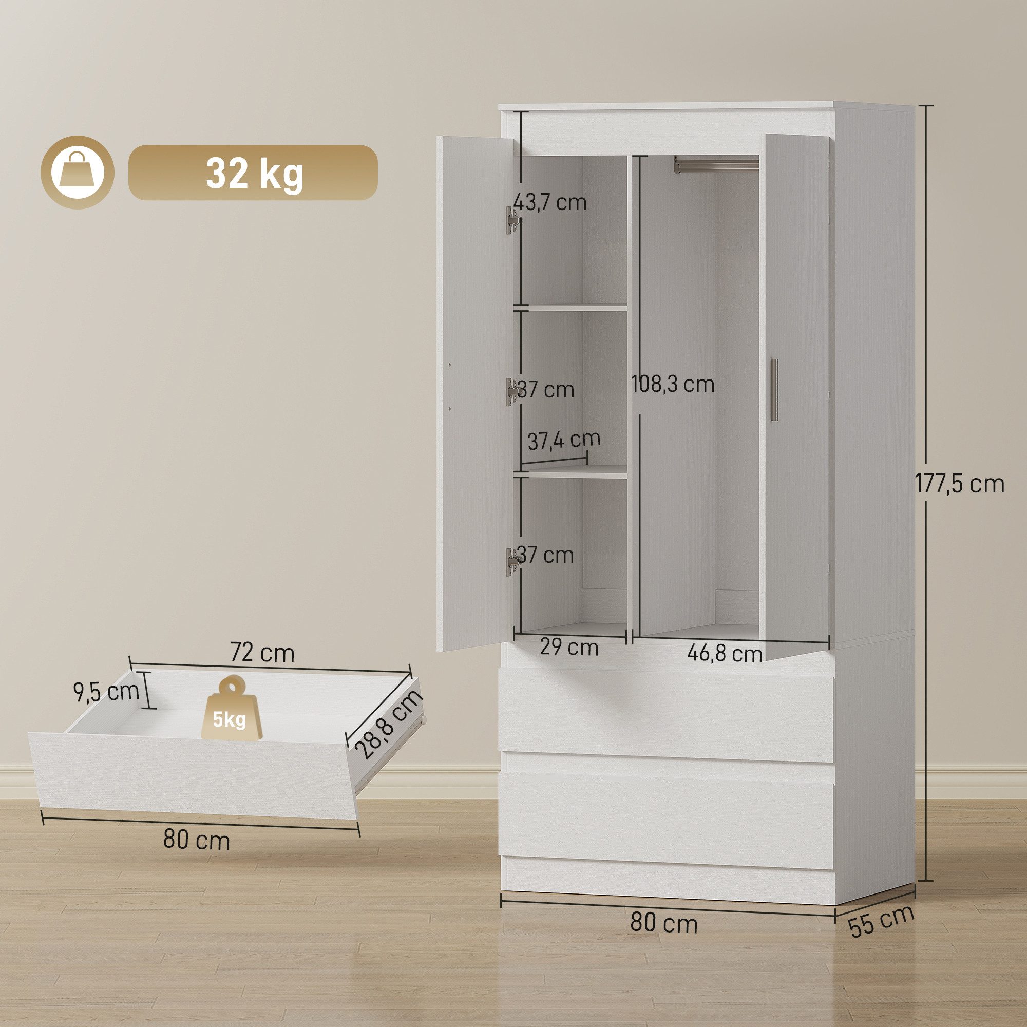 HOMCOM Kleiderschrank 2 Soft-Close-Türen, 2 Schubladen, Kleiderstange und 3 Einlegeböden (Garderobenschrank, 1-St., Schlafzimmerschrank) für Schlafzimmer, Weiß