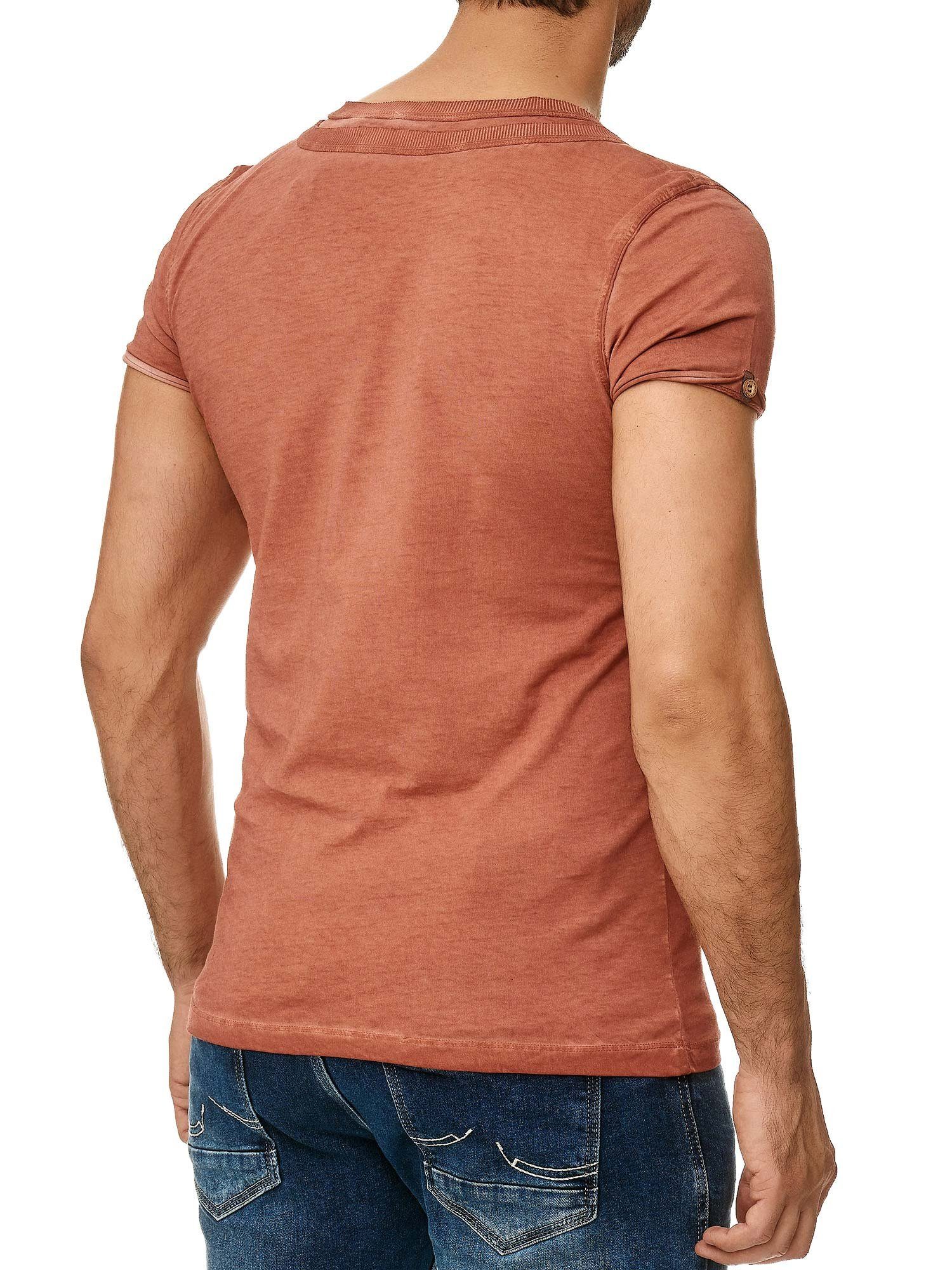 Tazzio T-Shirt Knopfleiste Kragen der und in Ölwaschung an bordeaux stylischem Schulter 4022 trendiger mit