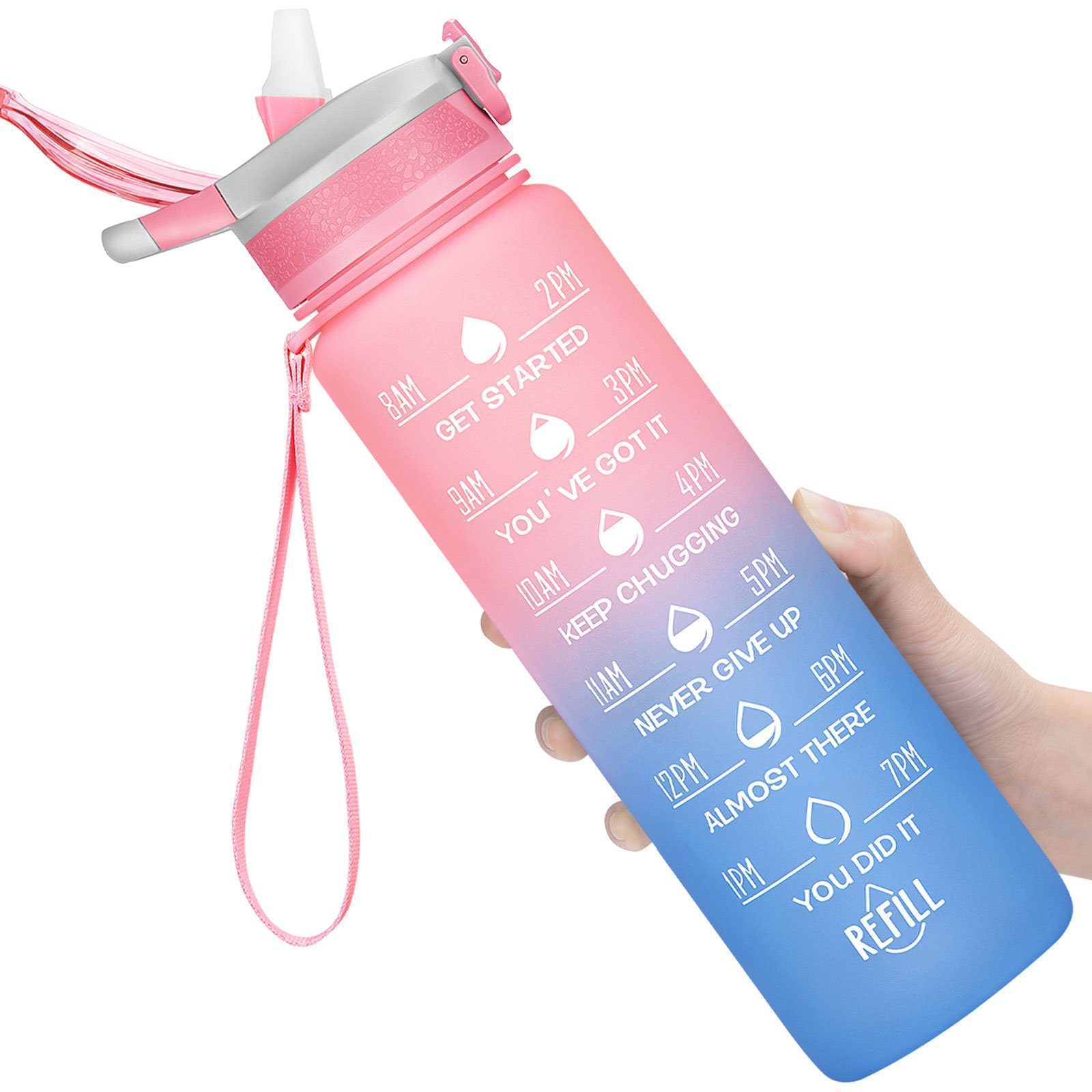 1 Sport Camping Liter Auslaufsicher Sportflasche Strohhalm Wasserflasche BPA-Frei WISHDOR Fahrrad 1L, Pink/Blau und Fitness Wandern Zeitmarkierung Outdoor Trinkflasche