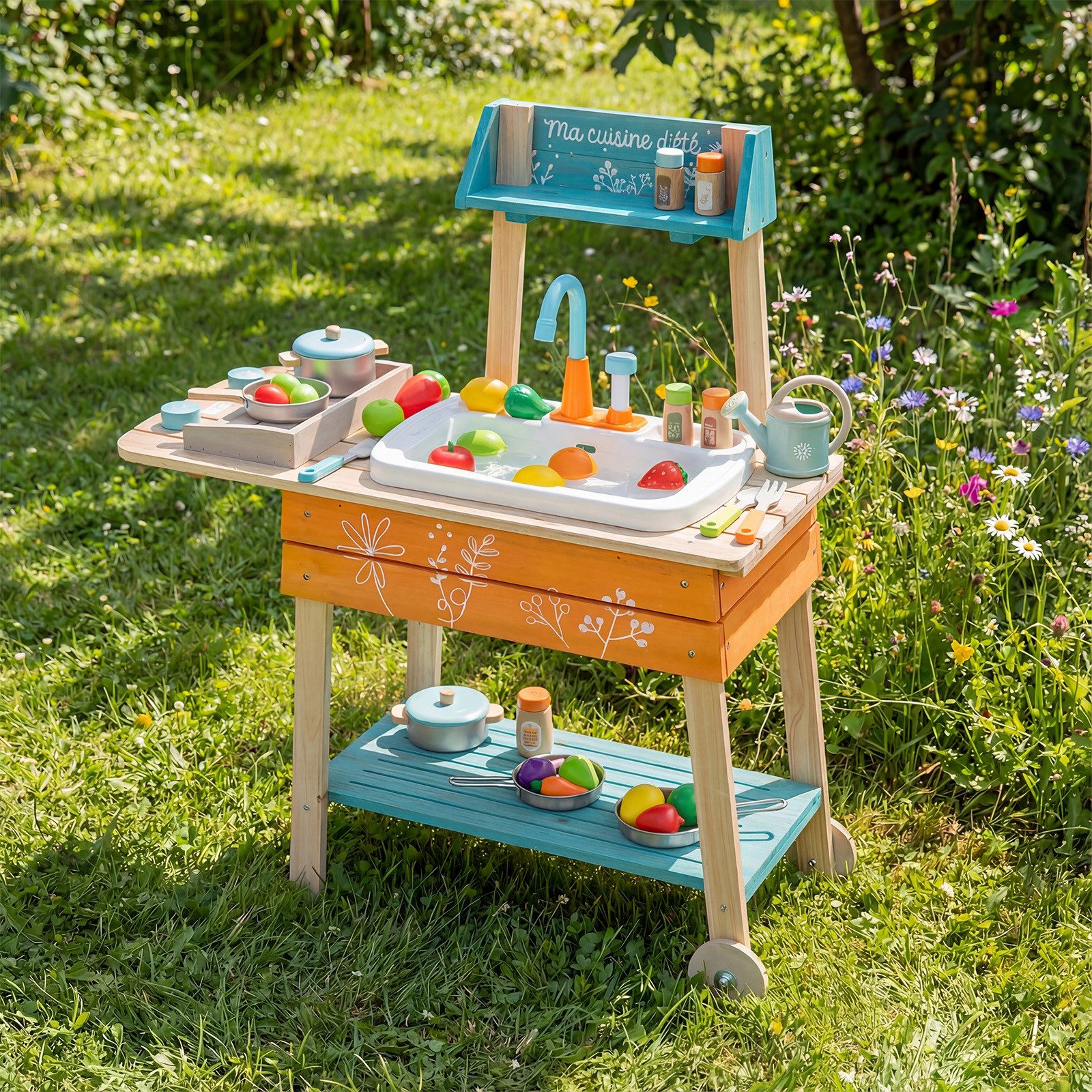 COSTWAY Outdoor-Spielküche Holz, Spielküche mit abnehmbarem Waschbecken & Grillrost