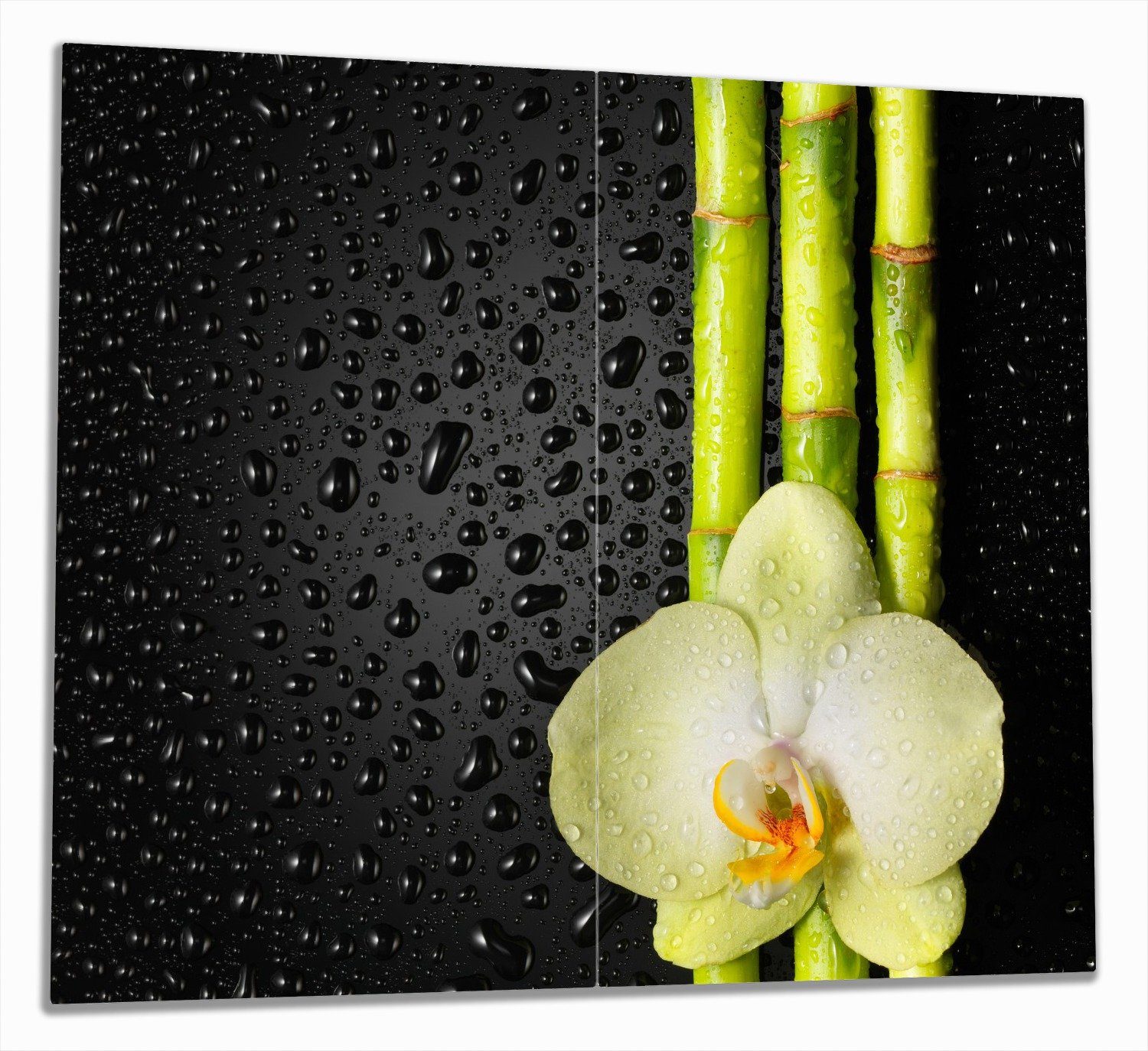 Wallario Herd-Abdeckplatte Grüne Orchidee mit Bambus auf schwarz - Regentropfen, ESG-Sicherheitsglas, (Glasplatte, 2 tlg., inkl. 5mm Noppen), verschiedene Größen