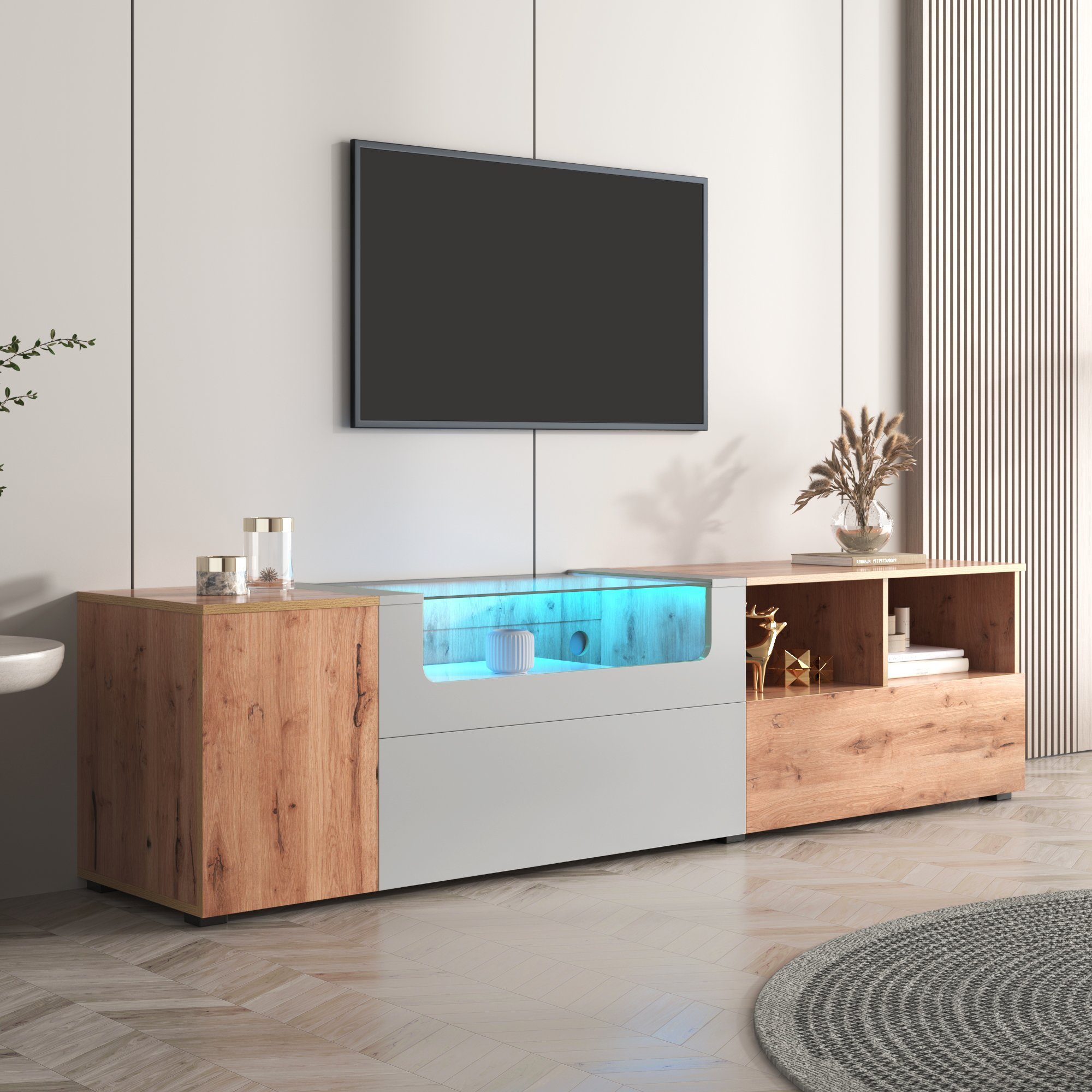 WISHDOR Lowboard TV- Schrank (Breite:190cm), Mit farbwechselnden LED-Leuchten und Glasplatte mit Fächern und Türen. Grau