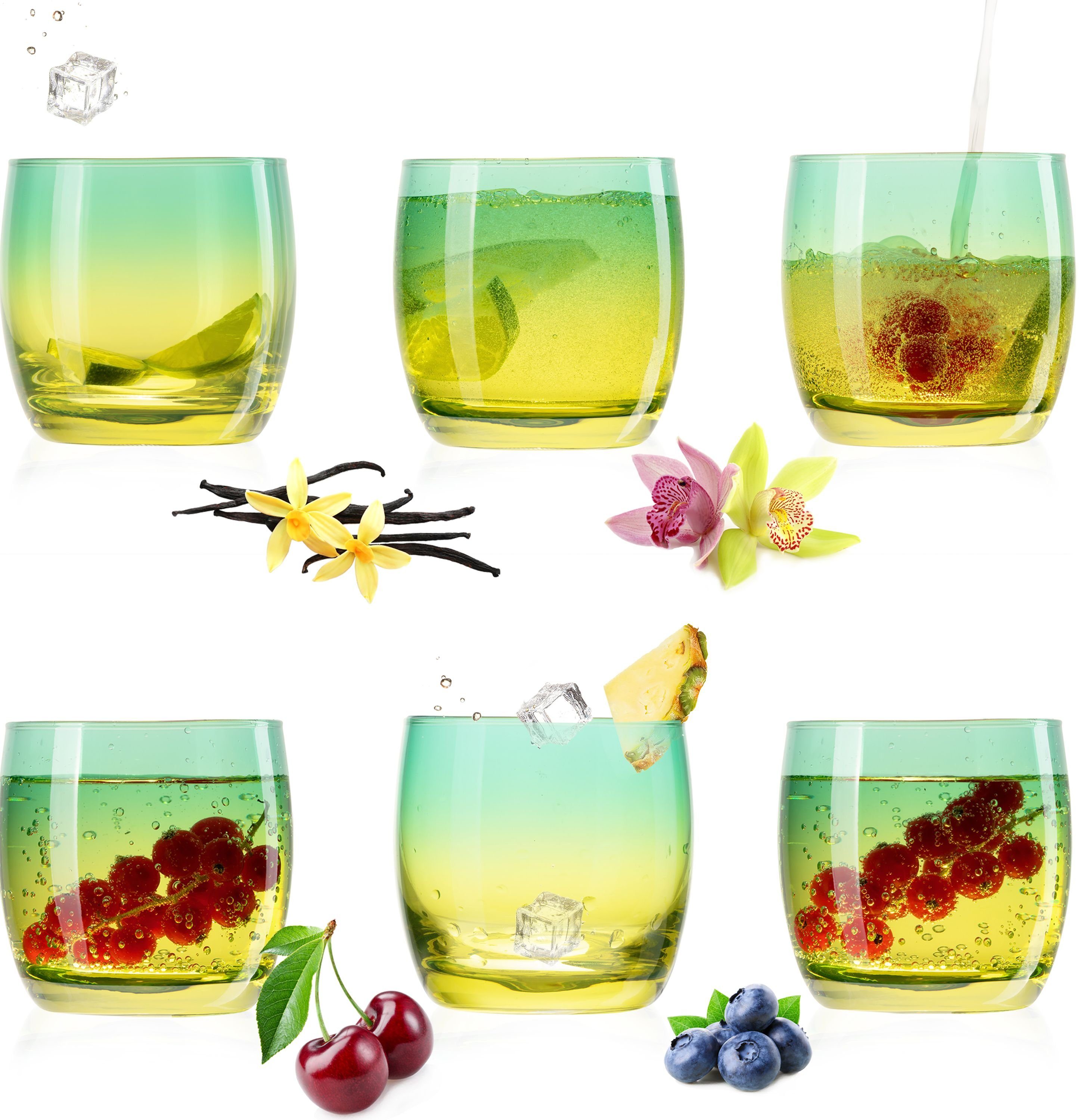 PLATINUX Glas Trinkgläser, Glas, Grün-Gelb Bunt 200ml (max.320ml) Set 6 Stück Склянки для води Saftgläser Drinkgläser