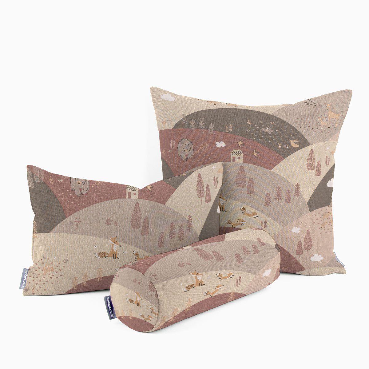SCHÖNER LEBEN. Dekokissen Kinder Kissenhülle Waldtiere Hügel Leinenlook rosa beige div. Größen