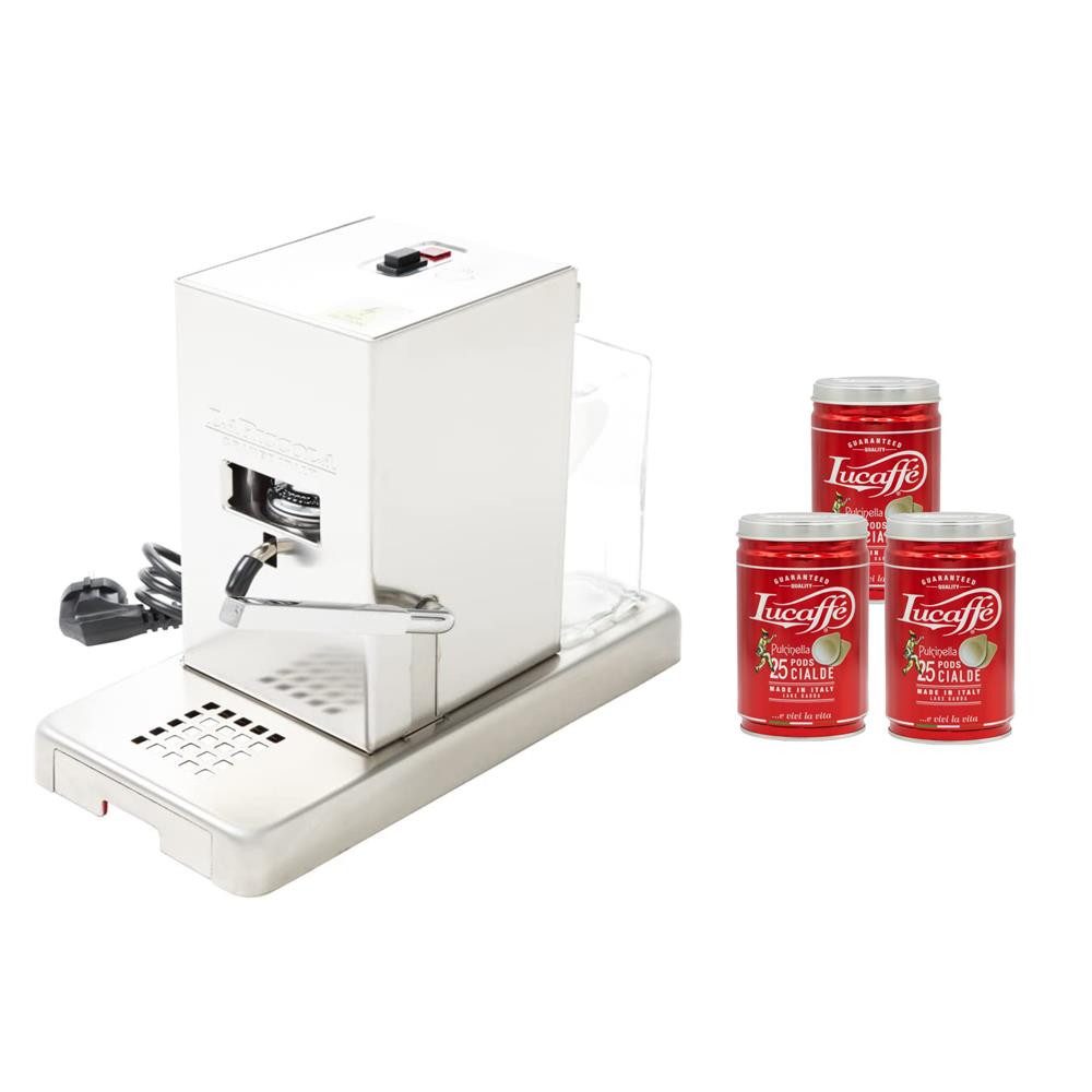La Piccola Espressomaschine Piccola Satinata + 75 Lucaffé ESE-Pads 44mm, Edelstahl, kompakte Größe, energiesparende Standyby-Funktion, schnelles Aufheizen, Made in Italy