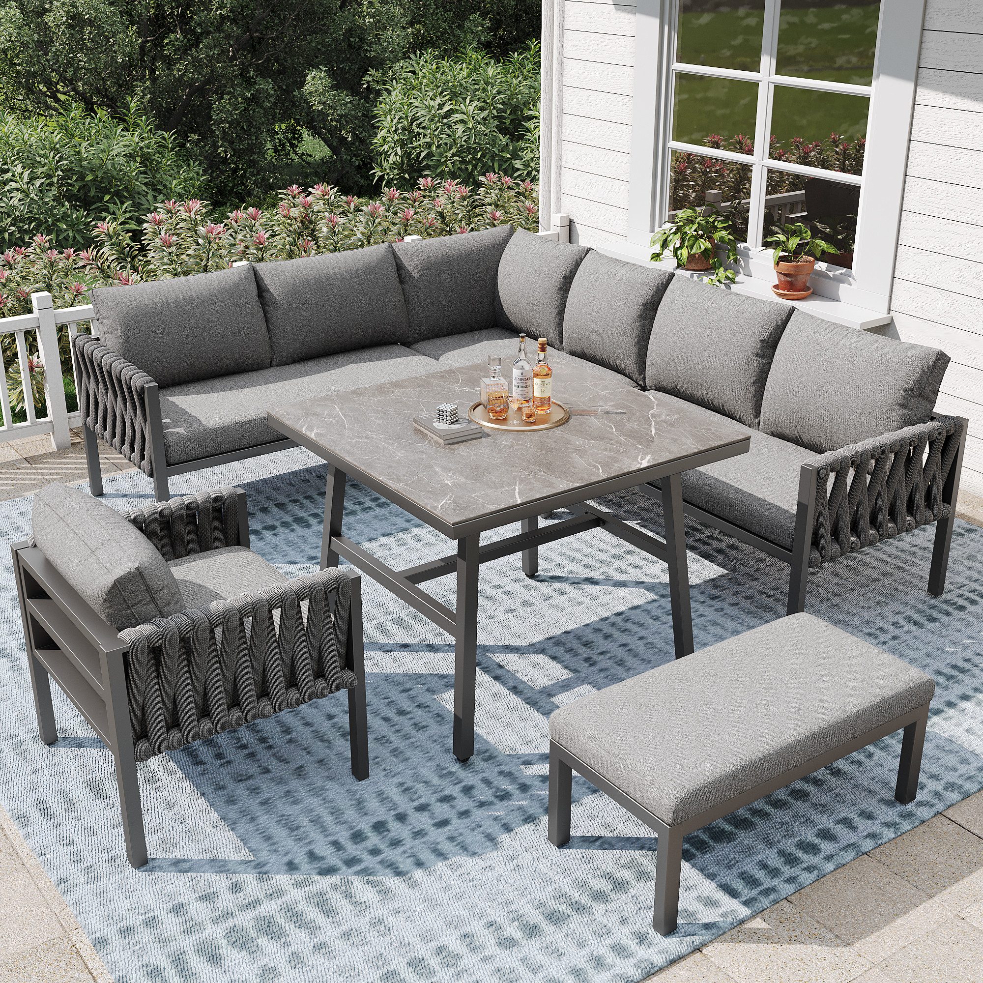 OKWISH Sofa Gartenmöbelset,mit verzinktem Eisengestell, Modernes Gartenmöbelset mit Seilgeflecht – Verstellbare Beine, Tischplatte aus gehärtetem Glas 1 Teile, mit Relaxfunktion
