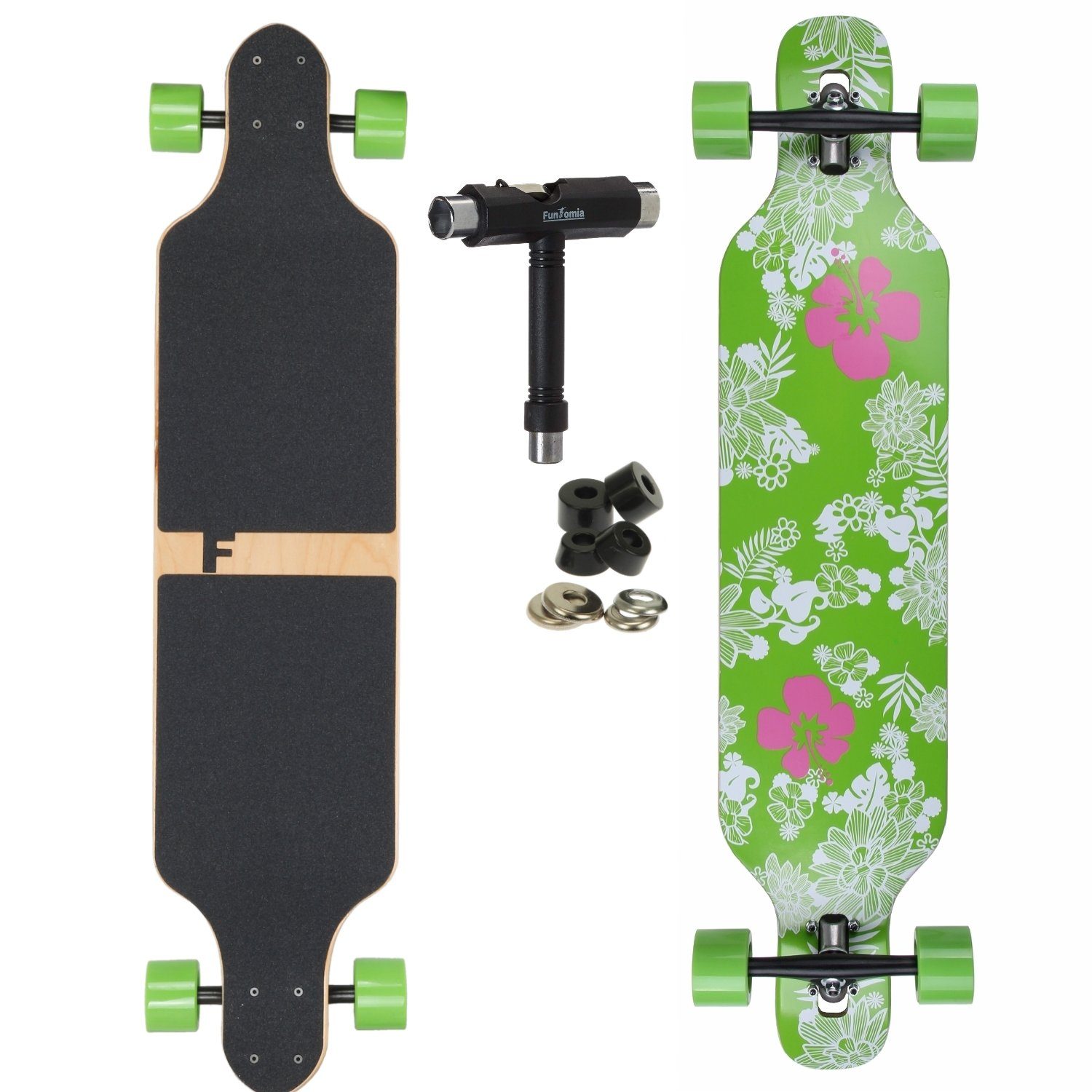 FunTomia Longboard Longboard in 3 Flex Stufen Camber Ahornholz + T-Tool mit LED Rollen, Camber Twin Tip