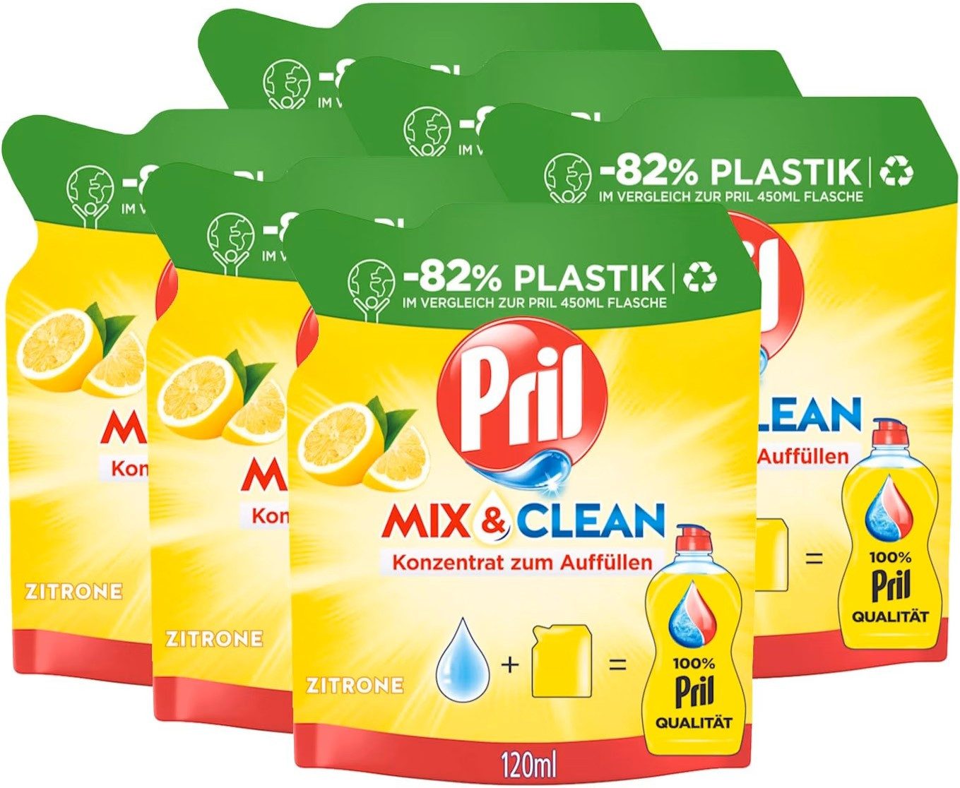 PRIL 6x PRIL Mix & Clean Zitrus Konzentrat zum Auffüllen - 120 ml Geschirrspülmittel (6-St. Spülmittelkonzentrat zum Auffüllen Spülmittelkonzentrat zum Auffüllen für -82% weniger Plastik)