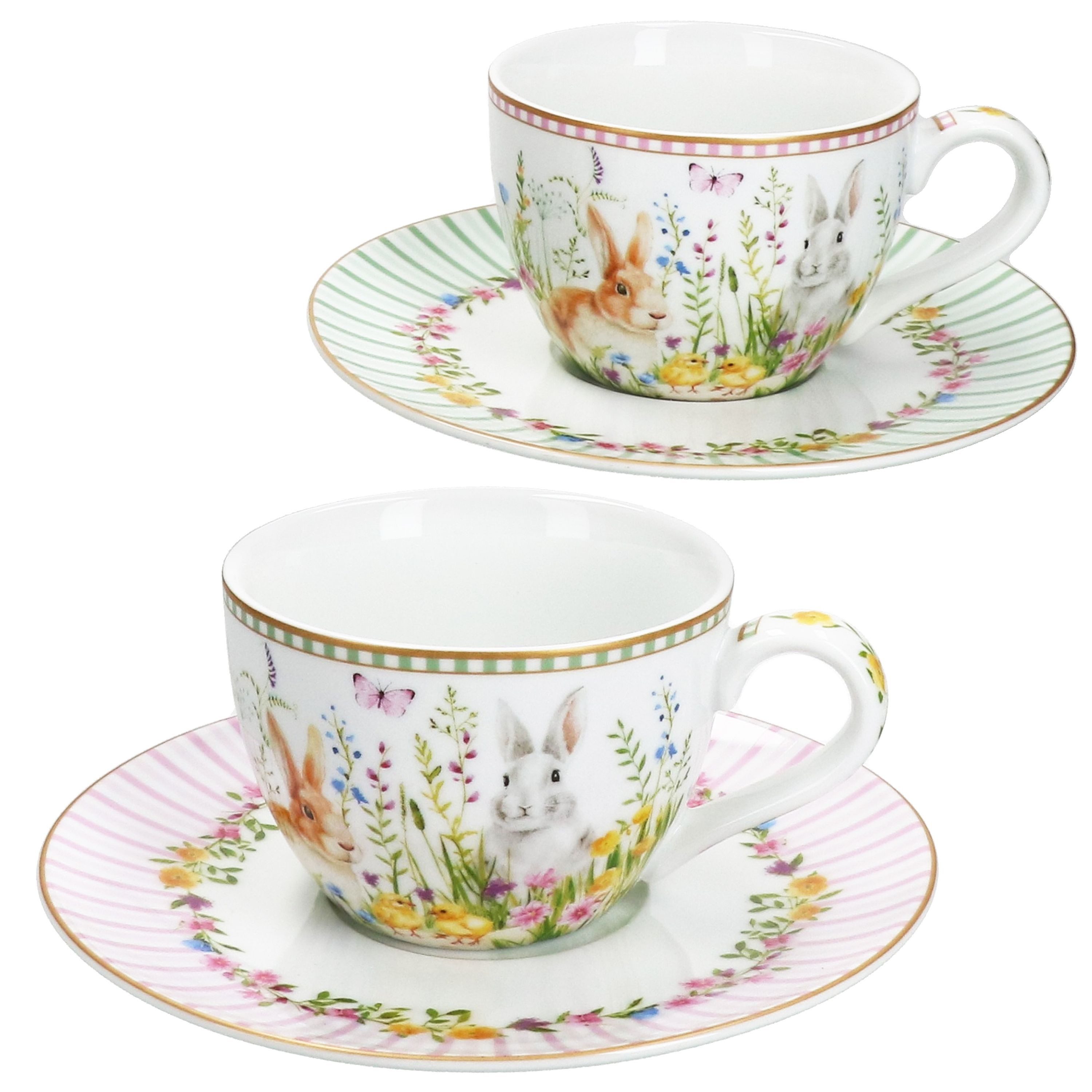 MamboCat Tasse MamboCat Happy Easter Tassen mit Untertassen für 2 Personen Ostern, Porzellan