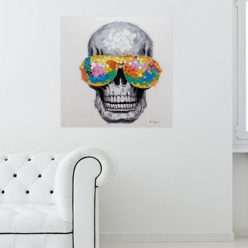 KUNSTLOFT Gemälde Funky Totenkopf 80x80 cm, Leinwandbild 100% HANDGEMALT Wandbild Wohnzimmer