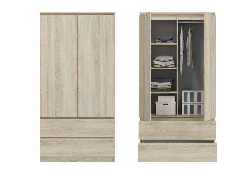 Home Collective Kleiderschrank weiß, natur 180cm Höhe 90cm Breite mit 2 Schublade, 3 Einlegeböden Kleiderstange Haushaltsschrank Organizer, sonoma