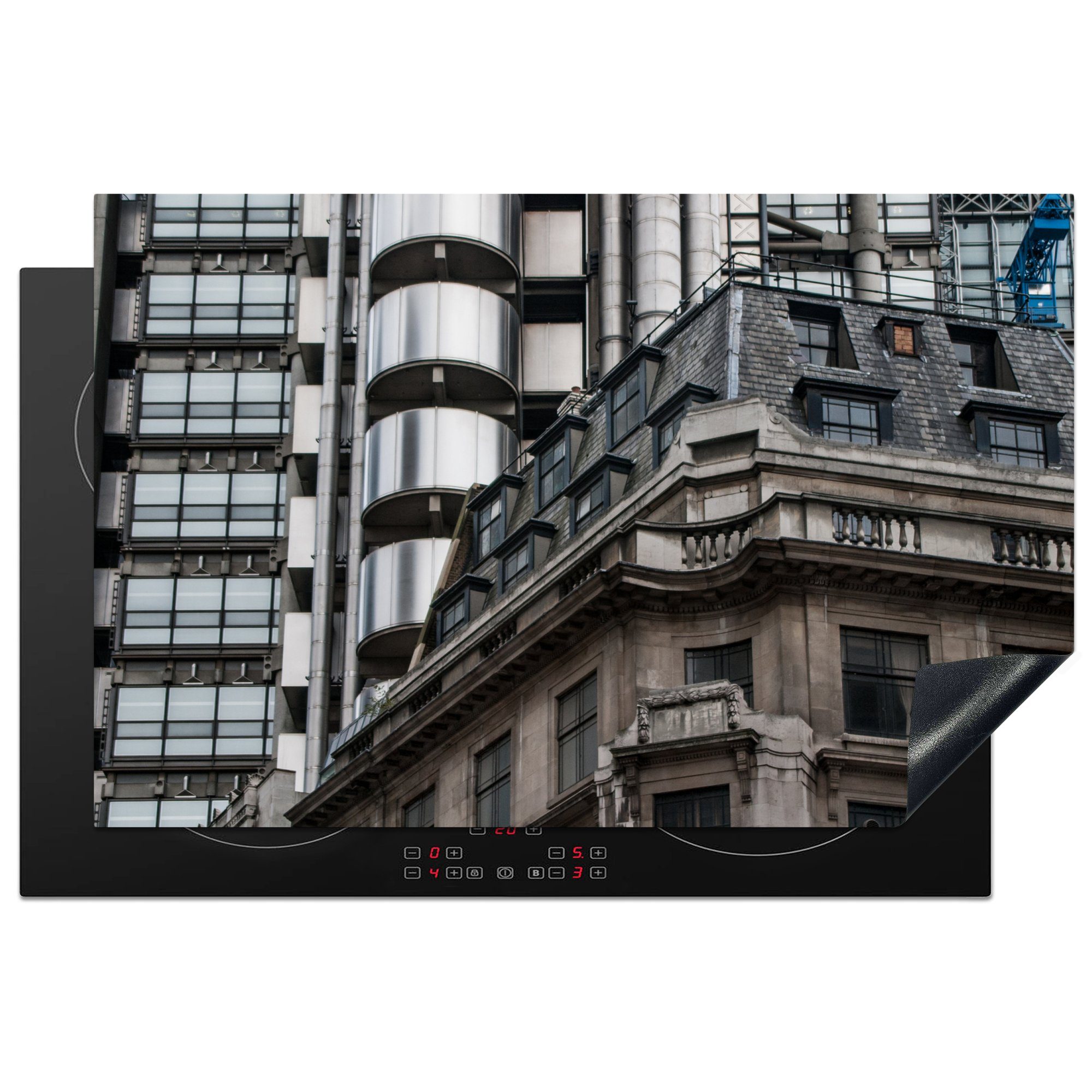 MuchoWow Herdblende-/Abdeckplatte Ein Vergleich zwischen alter und neuer Architektur in London, Vinyl, (1 tlg), 81x52 cm, Induktionskochfeld Schutz für die küche, Ceranfeldabdeckung
