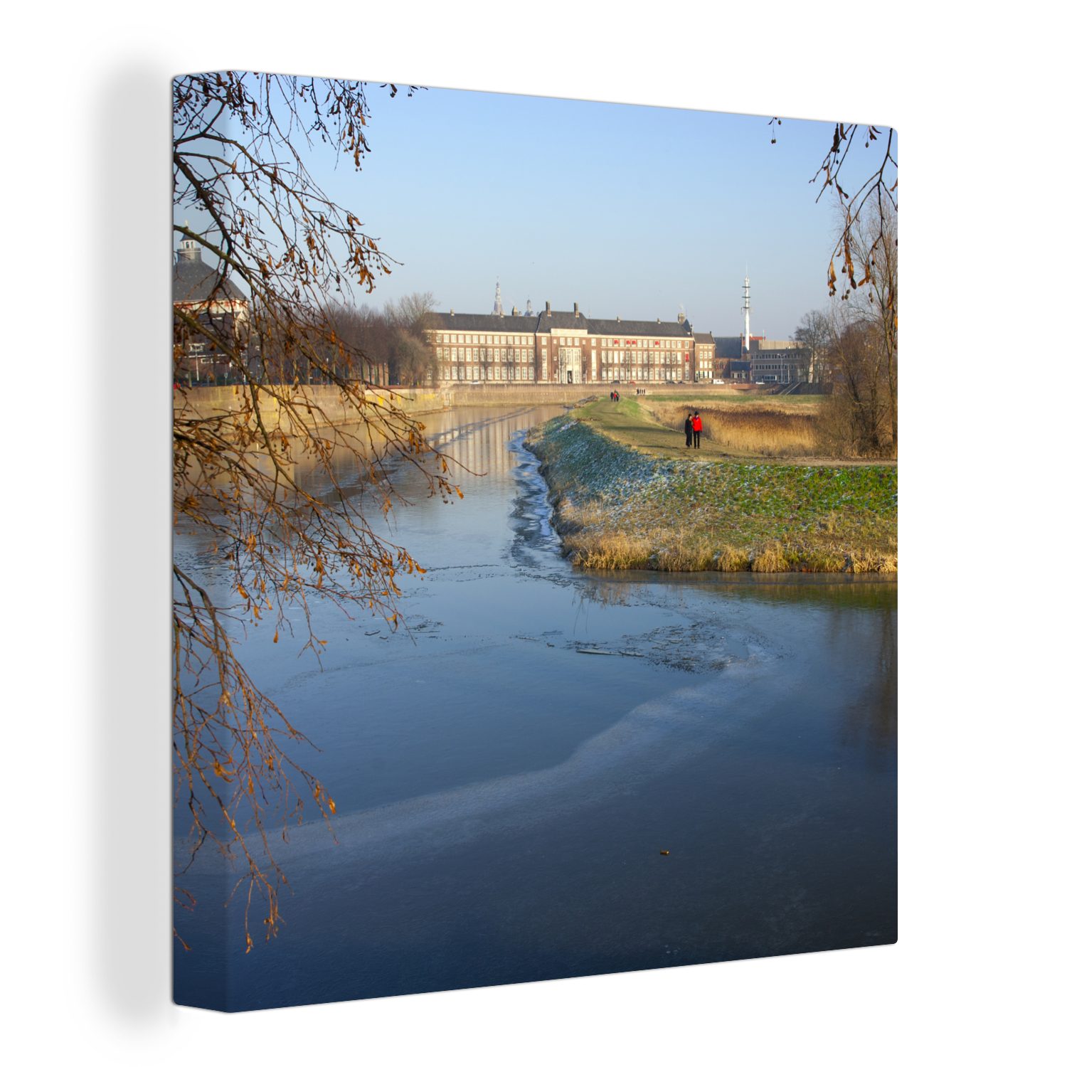 den Bilder OneMillionCanvasses® Leinwandbild Schlafzimmer im Fluss in zugefrorener ein für und Bosch St), Leinwand Wohnzimmer Den Winter (1 Niederlanden,