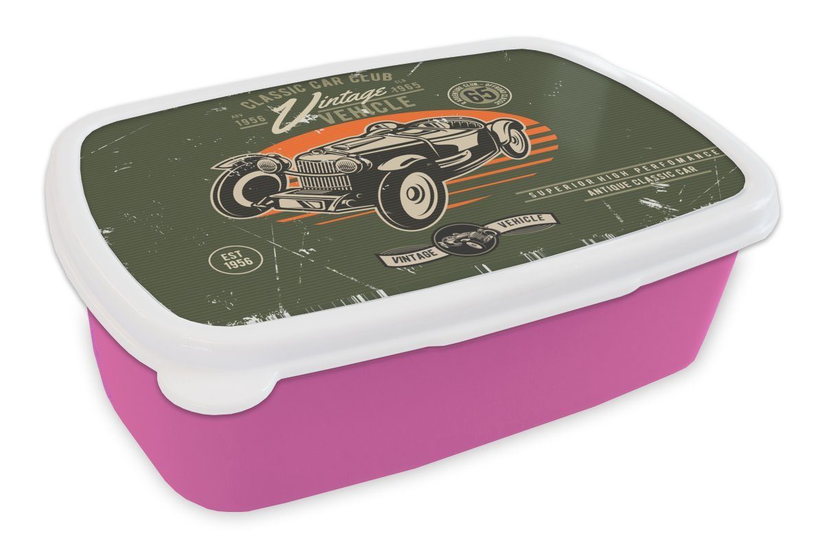 MuchoWow Lunchbox Oldtimer - Oldtimer - Auto, Kunststoff, (2-tlg), Brotbox für Erwachsene, Brotdose Kinder, Snackbox, Mädchen, Kunststoff rosa
